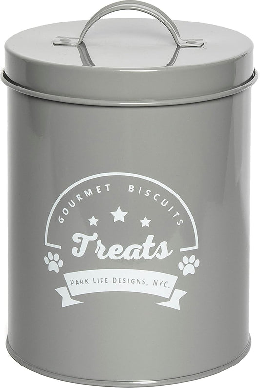 Park Life Designs - Metal Pet Treat Jar with Airtight Lid for Dogs, Cats, Puppies and More, Chic Kitchen Countertop Container for Cookies, Biscuits and Treats (Gourmet Biscuits, Grey, 1.4 Qt)