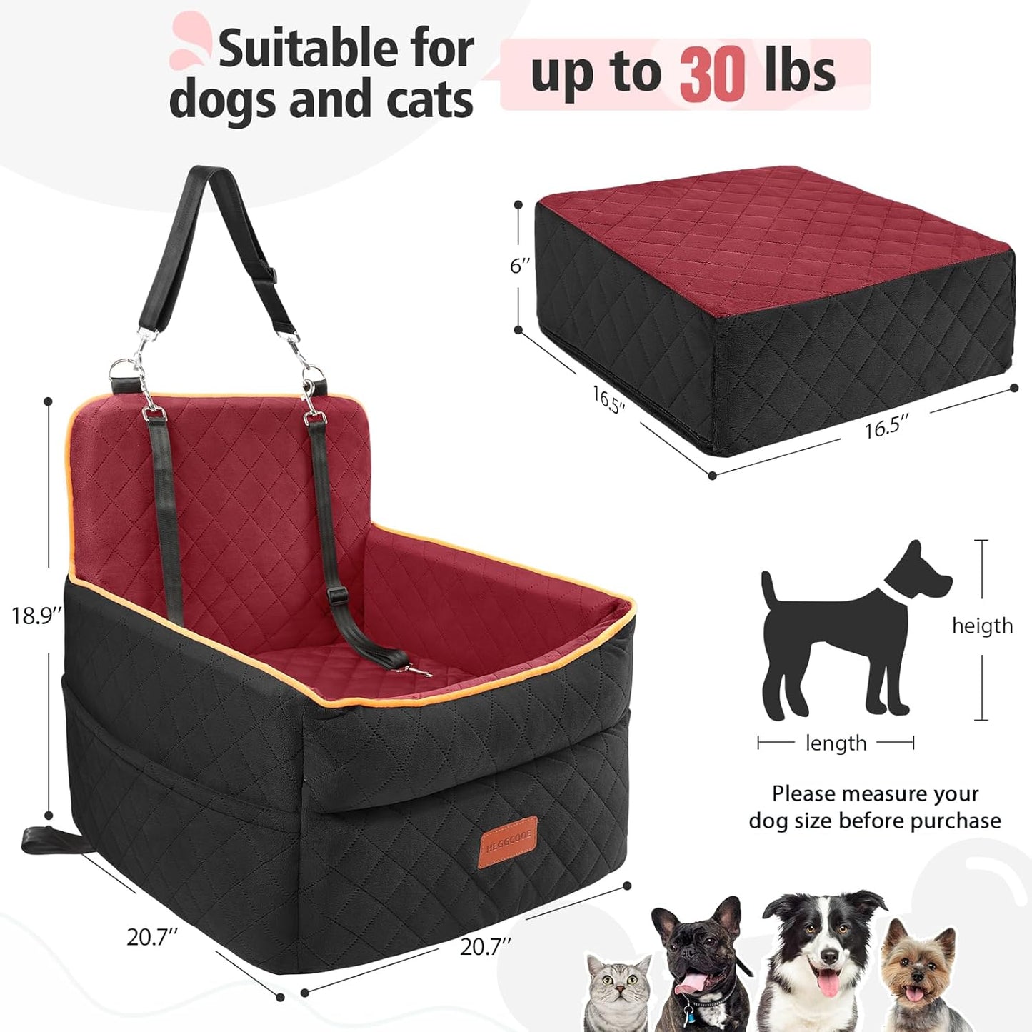 Dog Car Seat for Small Medium Dogs, Memory Foam Puppy Dog Booster Seat with Thick Cushion for Dogs Under 35lbs, Detachable Washable Pet Car Seat Travel Bed with Storage Pockets,2 Safety Belts
