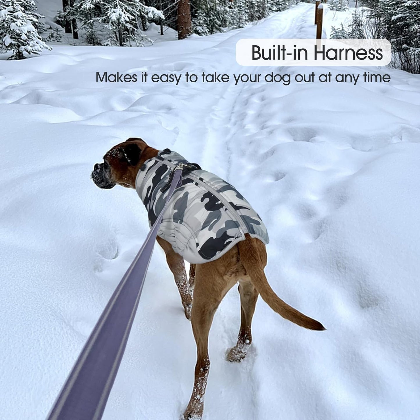FUAMEY Dog Coat for Large Dogs,Waterproof Dog Winter Jacket with Harness Built in Puppy Cold Weather Coats Reflective Pet Vest with Zipper Warm Fleece Dogs Snowsuit Windproof Grey Camo XXL
