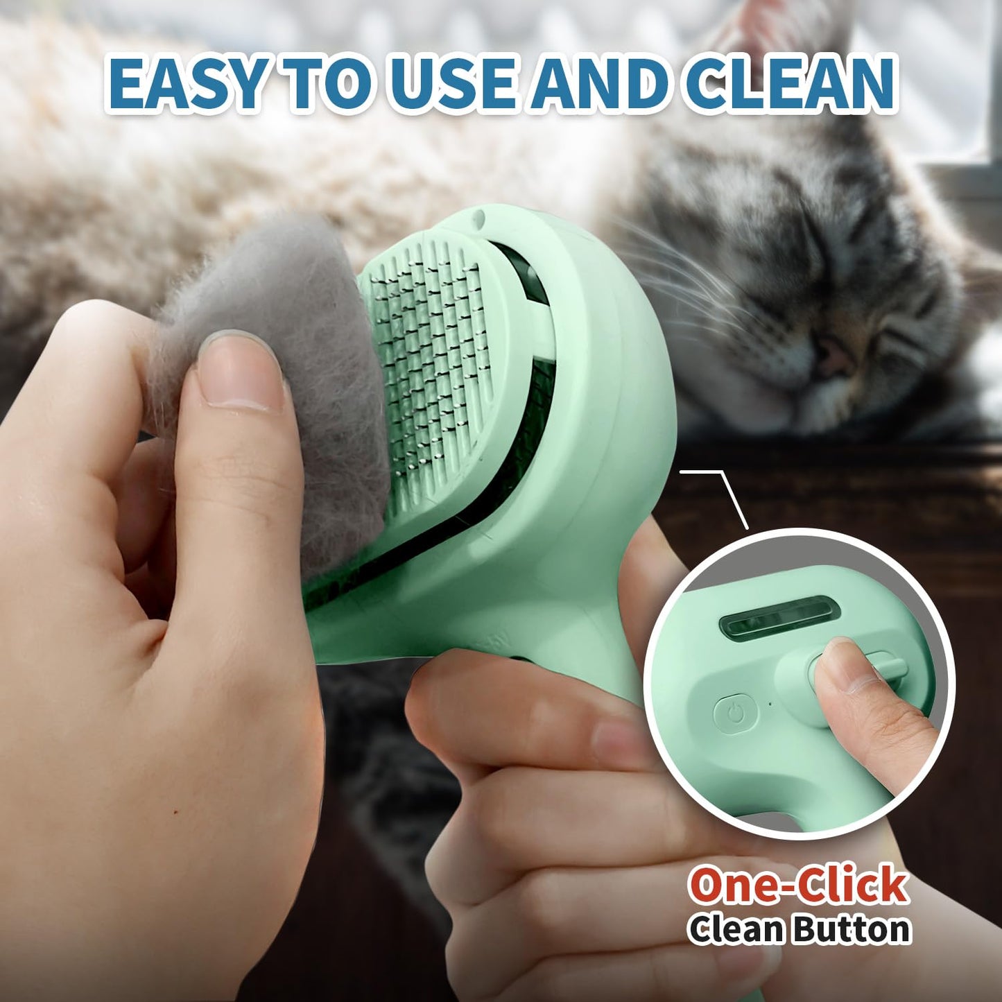 Steam Pet Brush for Shedding, 3 In 1 Self Cleaning Anti-Static Steamy Hair Brush, Reduces Loose Hair and Shedding for Long and Short Hair Pets Grooming, Green