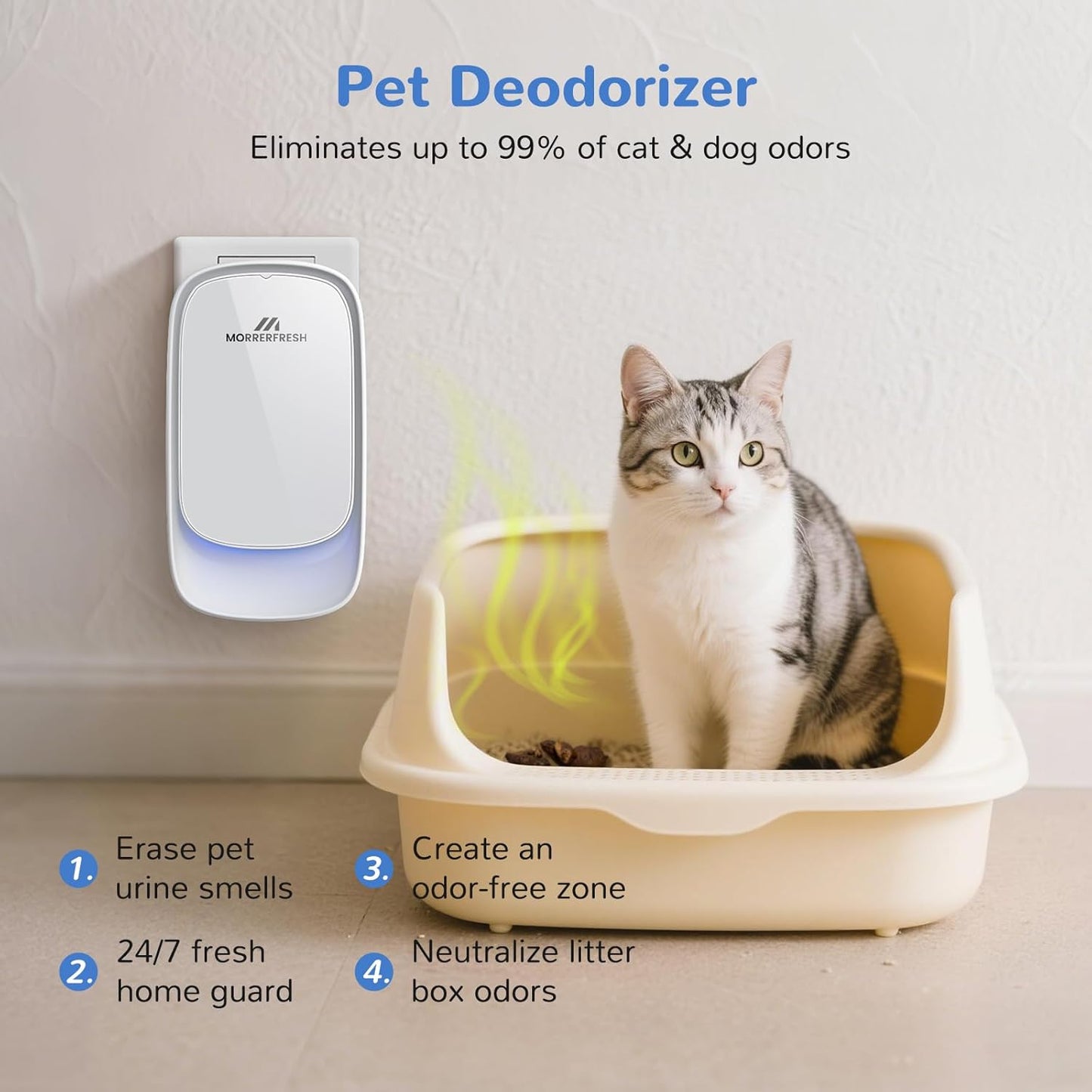 Cat Litter Deodorizer – 99% Odor Eliminator for Strong Pet Odors, Plug In Negative Ion Air Purifier for Litter Box, Home, Kitchen, Bathroom, Ozone-Free & Quiet Portable