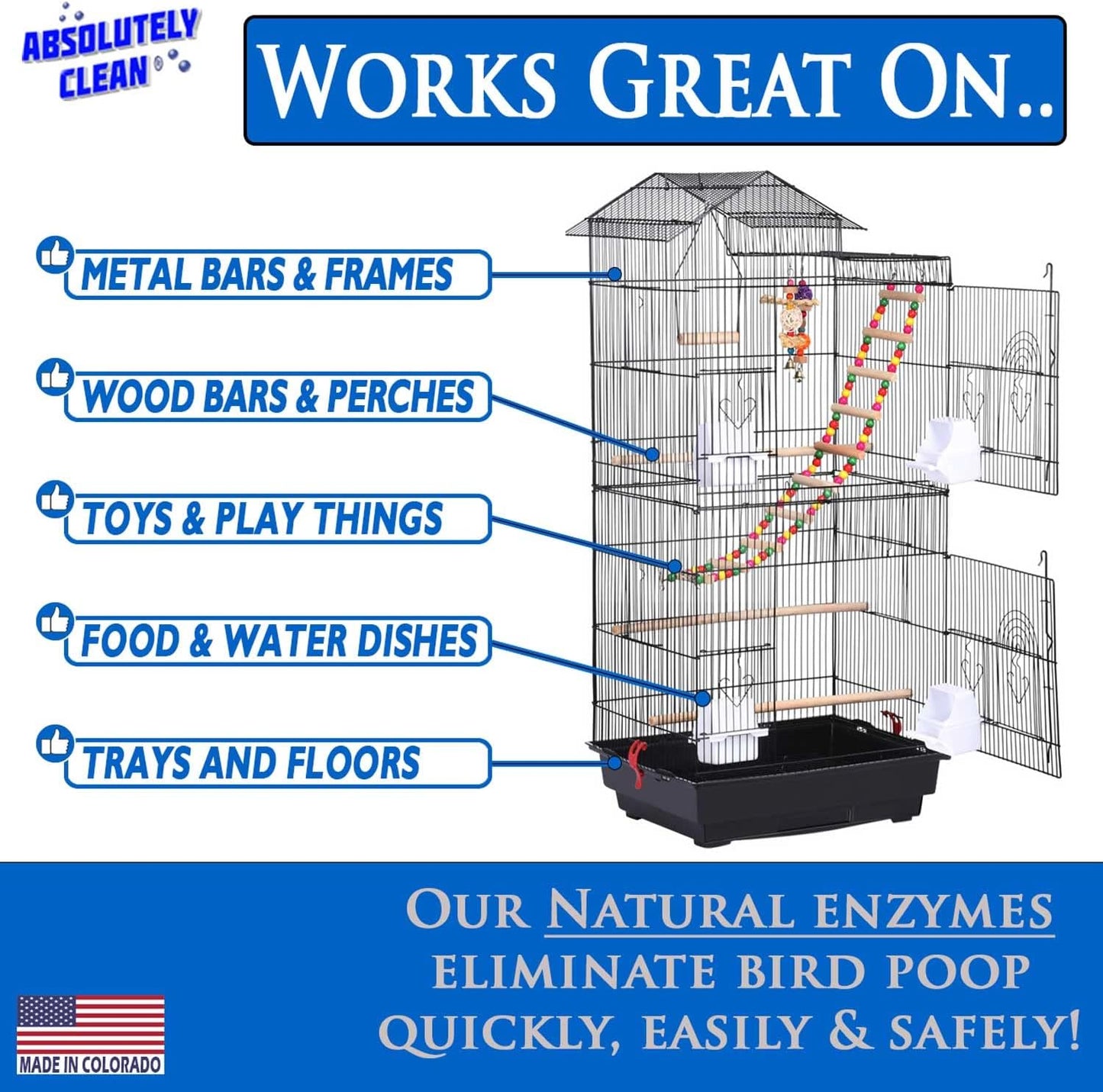 Absolutely Clean Amazing Bird Cage Cleaner and Deodorizer - Just Spray/Wipe - Safely & Easily Removes Bird Messes Quickly and Easily - Made in the US - Fragrance Free (32oz 2pack)