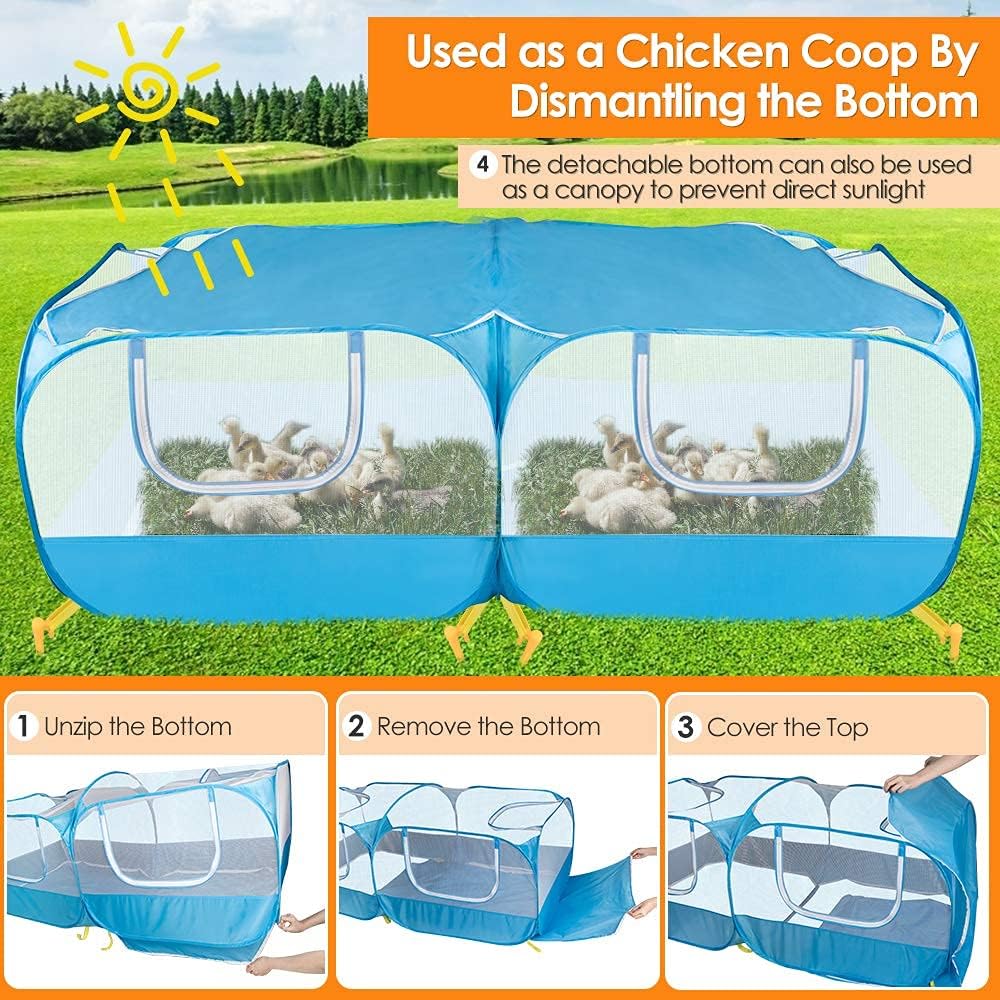 Lukovee Small Animals Playpen, Chicken Pen with Escape-Proof Detachable Bottom & 4 Zipper Doors, Breathable Foldable Portable Large Chicken Run Coop for Puppy Duck Kitten Rabbits Outdoor Yard (Blue)