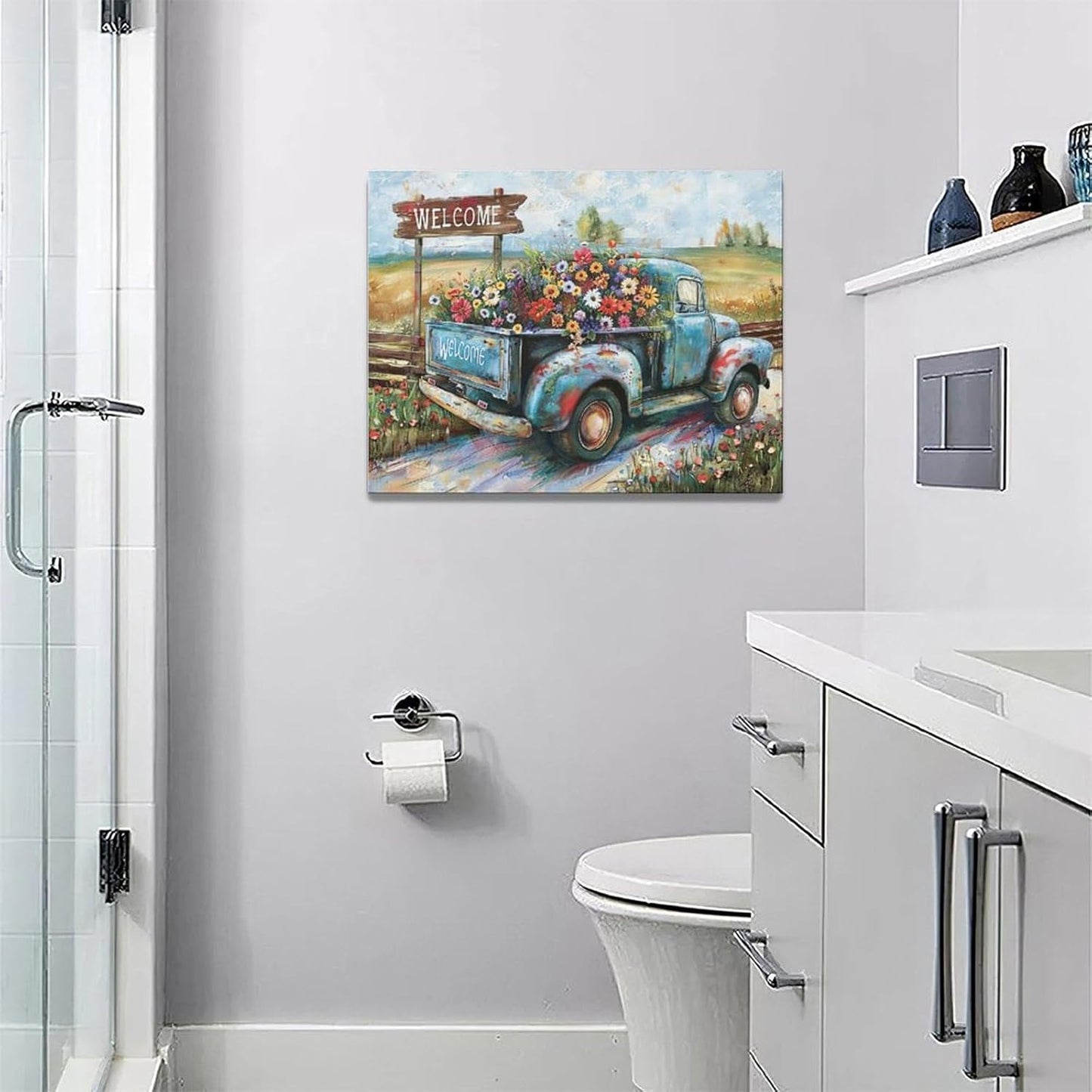 Farmhouse Truck Wall Art Rustic Country Wildflowers Wall Decor Road Flowers Landscape Pictures Canvas Print Painting Artwork for Bathroom Living Room Bedroom 12"x16"