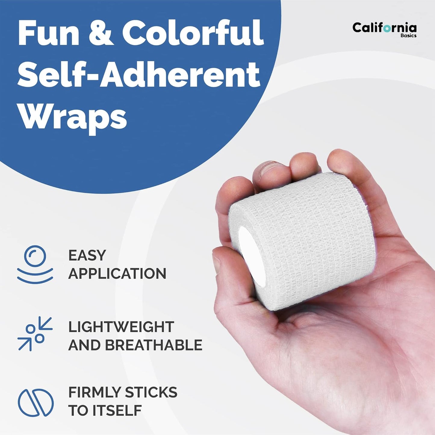 California Basics Self Adhesive Bandage Wrap - Self Adhering Non Woven Cohesive Bandage Rolls - Stretch Wrap - Multi Colored Athletic Tape for Wrist - Waterproof (2 inch- 12 Pack- White)