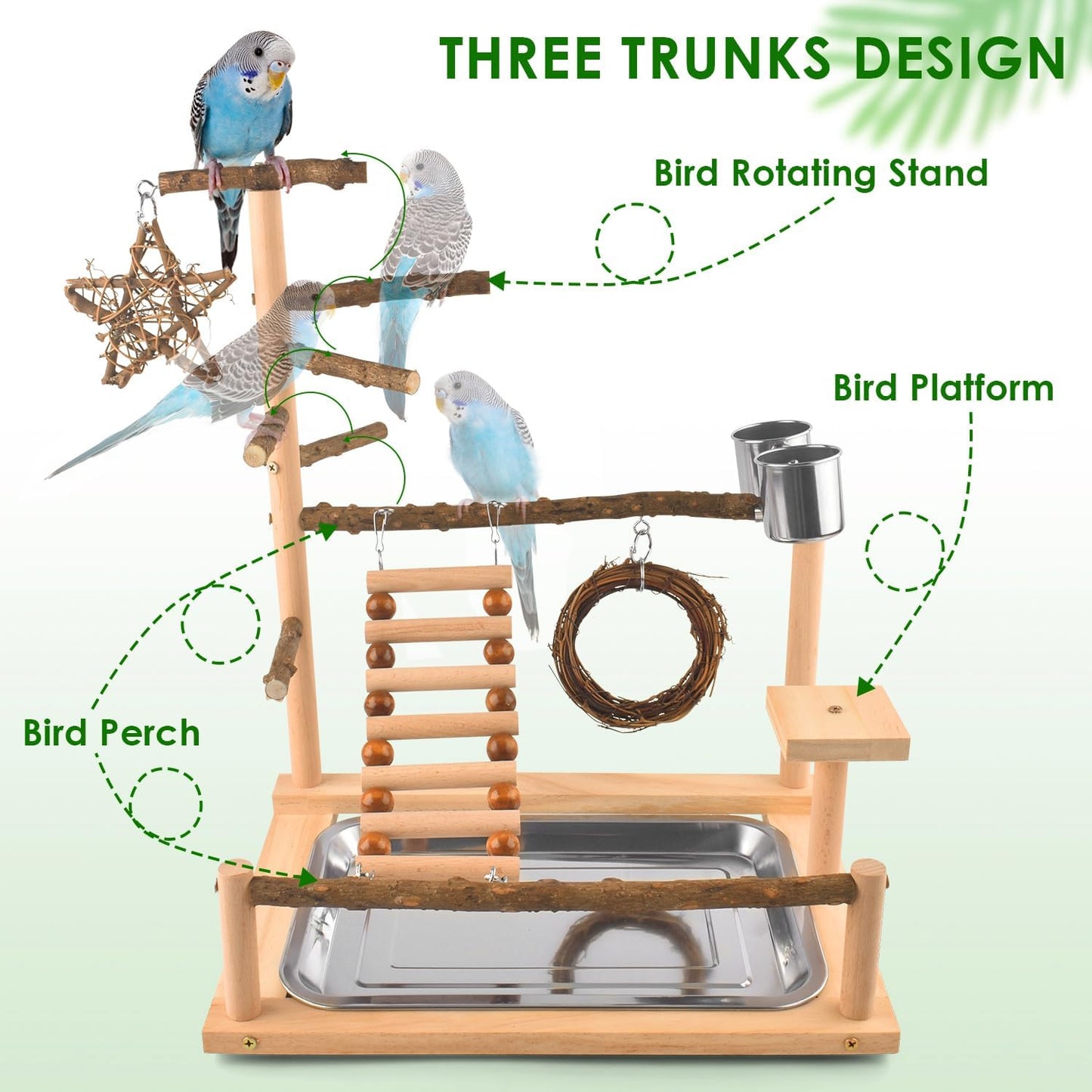 KATUMO Bird Playground - Natural Wooden Perches Parakeet Ladder Conure Swing Bird Cage Accessories with Removable Tray & 2 Stainless Steel Cups