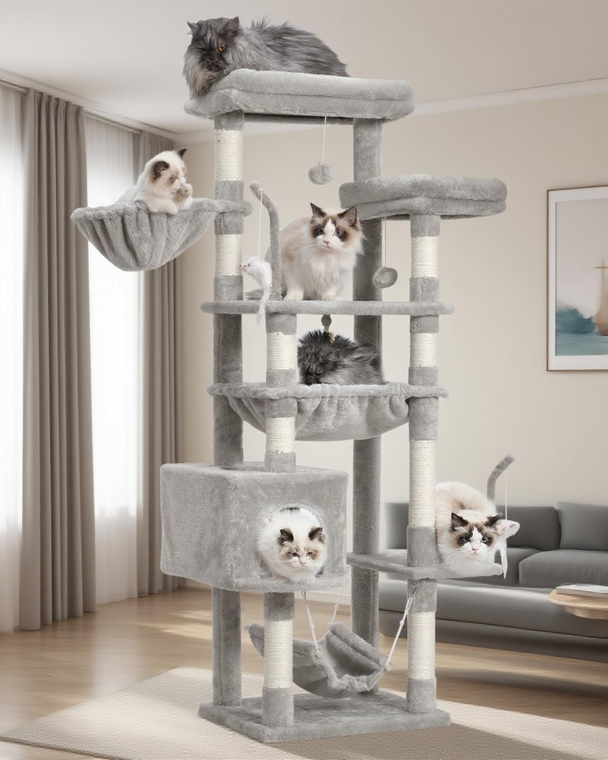 Cat Tree, Cat Tower for Large Cats with 2 Big Platforms, 2 Baskets, condo and Toys, 63" Cat Scratching Posts for Indoor Cats, Light Gray GCT020W