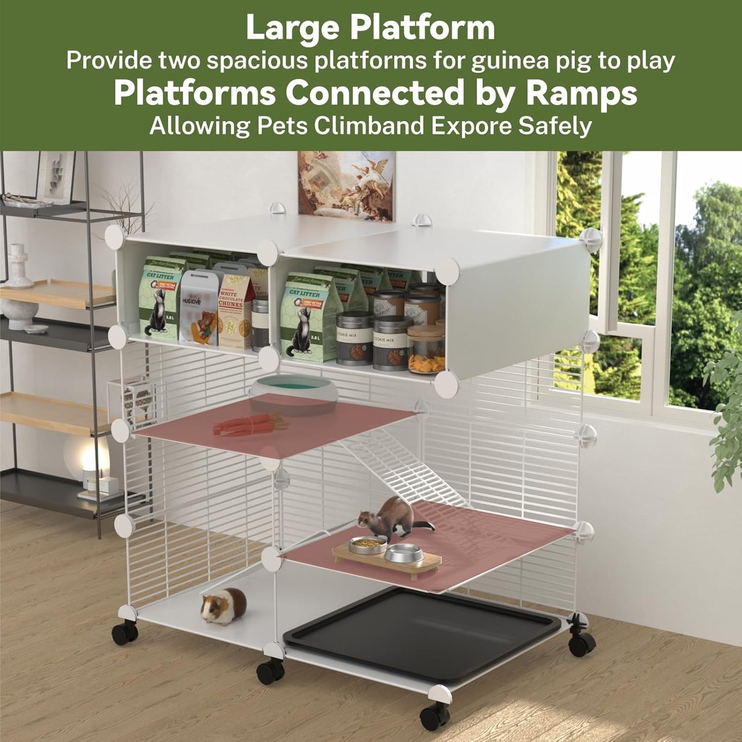 C&C Guinea Pig Cages Indoor on Wheels, 3 Tier Ferret Cage Small Animal Hideout House with Drawer & Removable Tray, Pet Playpen Fence for 1-3 Hamster Rat Chinchilla Hedgehog