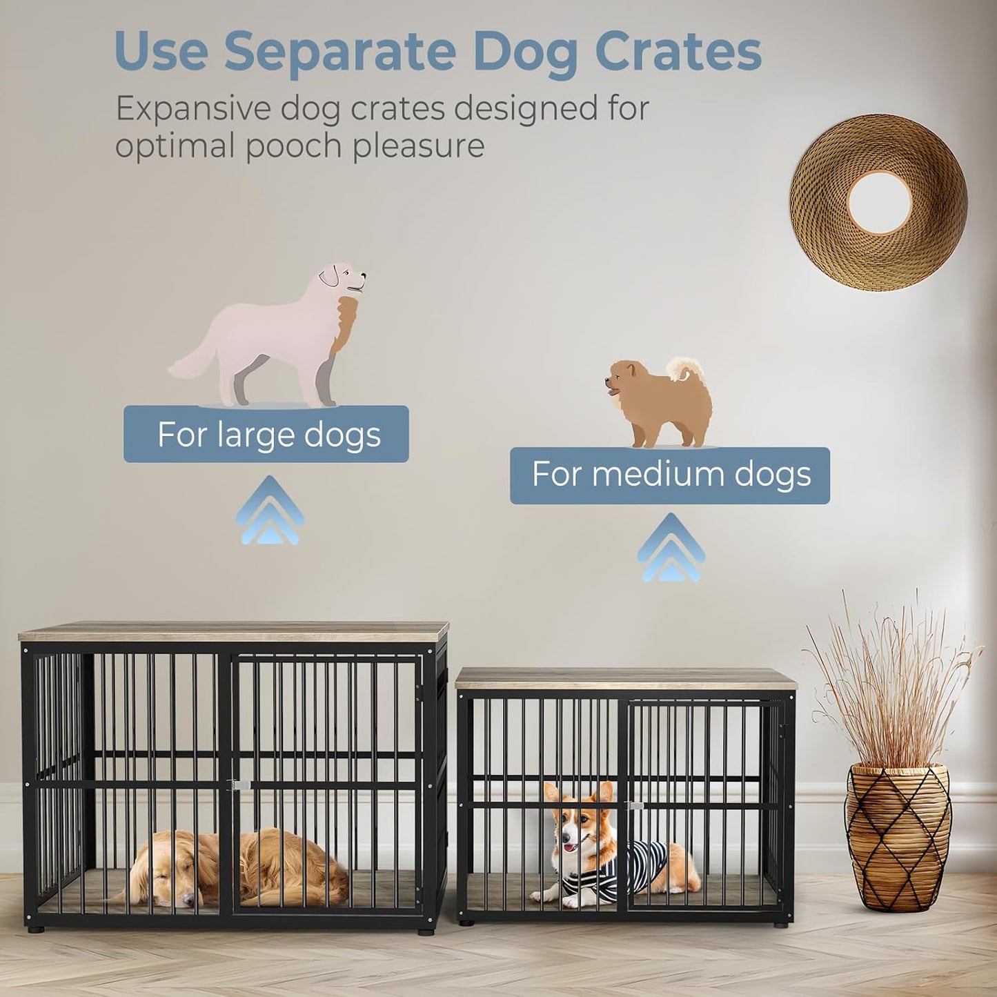 Lyromix 43'' Dog Crate Furniture with 3 Doors, XL Wooden Crate End Table, Heavy Duty Indoor Puppy Cage Kennel for Medium to Large Dogs, Multiple Units Can be Combined