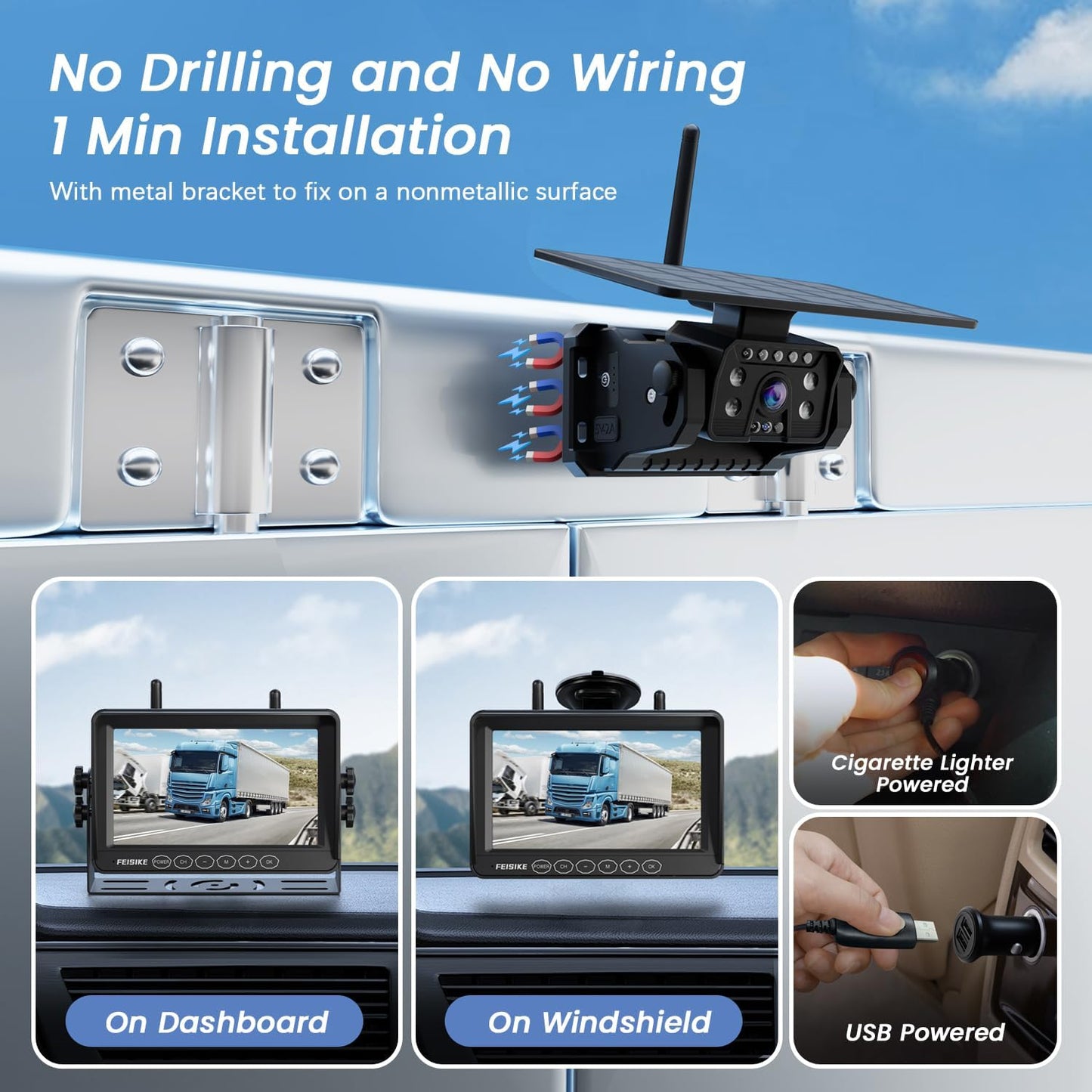 Dual Magnetic Solar Wireless Backup Camera for RV Truck Trailer – 7" 1080P Monitor with Recording, 1-Min Install, No Delay, Wide View, IR Night Vision, 4 Channels, Auto-Sleep Rechargeable