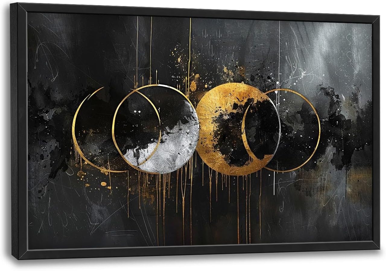 Quorin Abstract Sun Moon Large Wall Art Black and Gold Circle Pictures Sun and Moon Wall Decor Canvas Print Painting Artwork for Bathroom Living Room Bedroom 36L x 24W