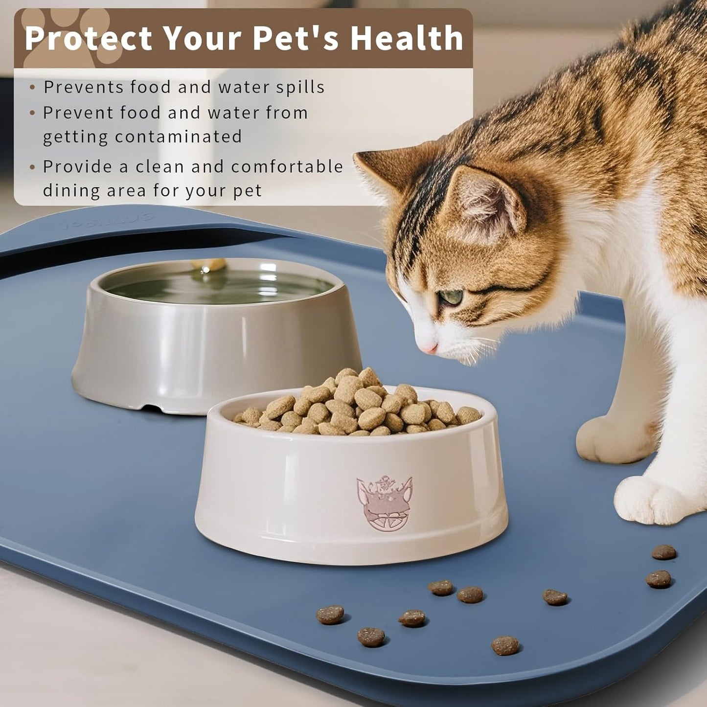 Silicone Pet Feeding Mat with Raised Edge & Residue Collection Pocket for Food and Water, Dog Bowl Mats, Cat Bowls Placemat with High Lip for Floor Waterproof, 19 x 12 x 0.7 Slate Blue
