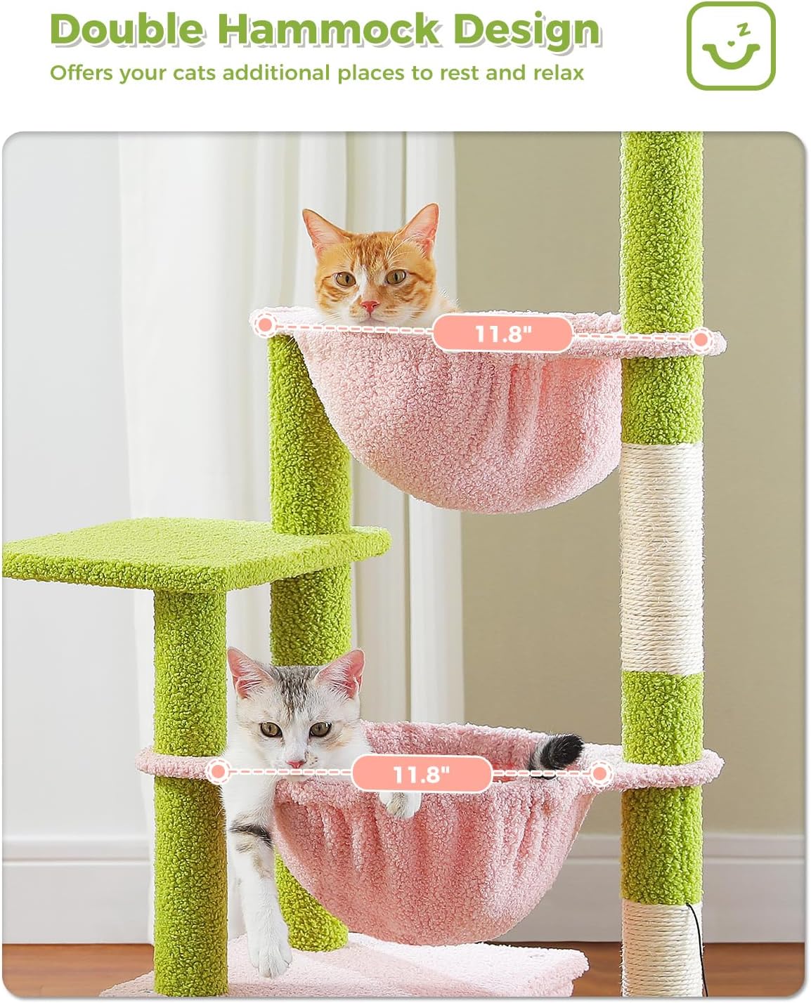 Pink Cat Tree, 47.6" Cat Tower with 2 Metal Frame Hammock, Cat Scratching Post for Indoor Cats with 2 Removable Pompom Sticks for Kittens, Pink
