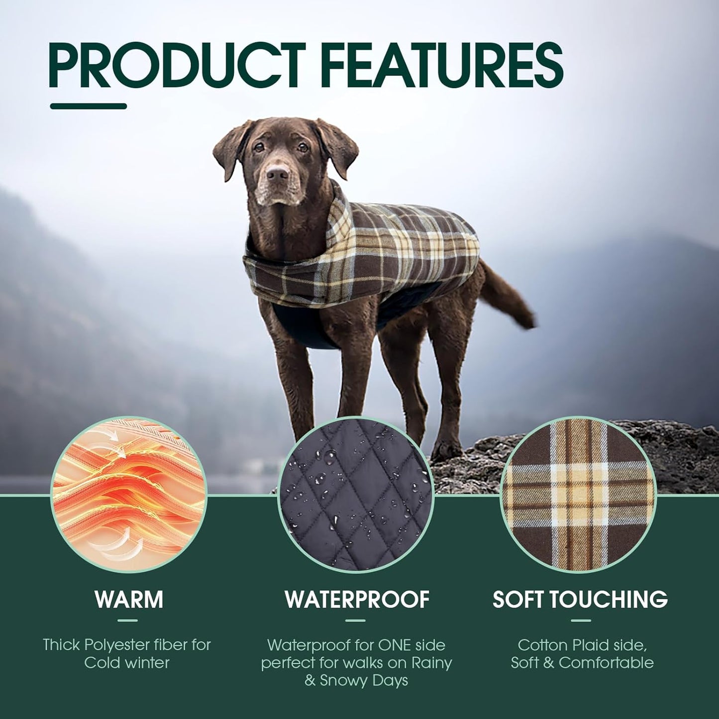 Kuoser Waterproof Dog Coat, Reversible Dog Jacket for Small Dogs, Adjustable Durable Doggie Winter Coat Warm Cozy Puppy Cold Weather Apparel from Small to Large Breed, New Brown S