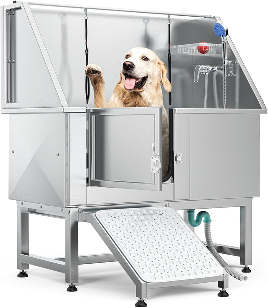 YITAHOME 50in Dog Grooming Tub Bathtub for Home 304 Stainless Steel Professional Dog Bath Washing Station w/Left Ramp, Faucet, Floor Grate for Large, Medium, Small Pets
