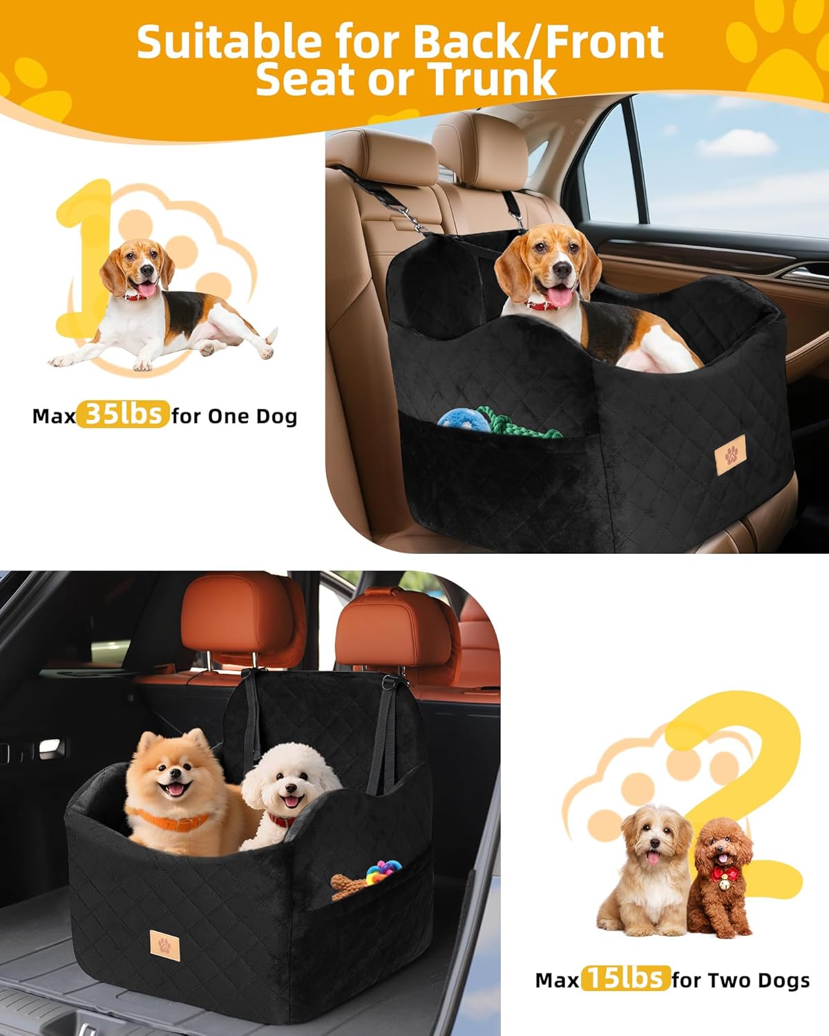 Car Seat Booster for Dog: High-Support Memory Foam Pet Car Seat for Small/Medium Dogs Under 35lbs with Elevated Cushion - Detachable Washable Puppy Travel Bed for Driving with Pockets (Black)