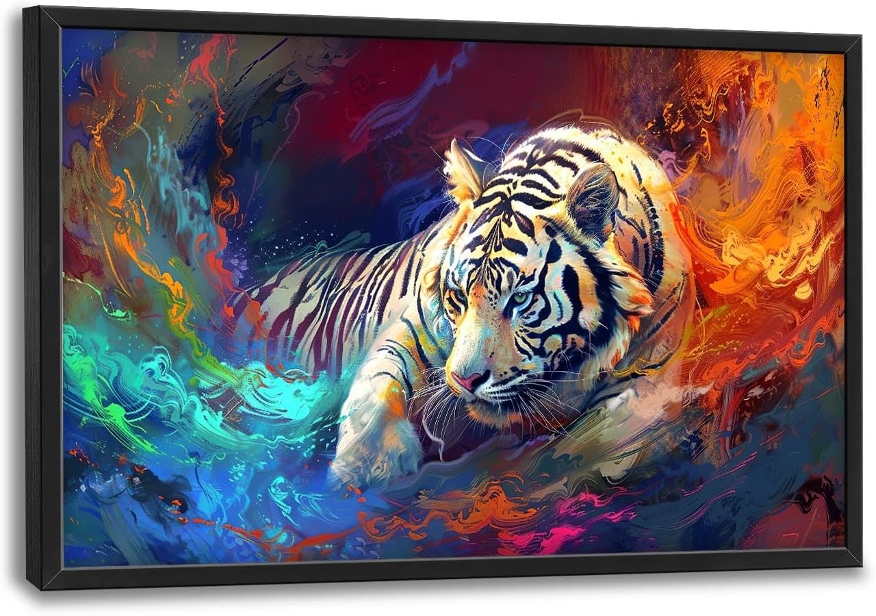 Quorin White Tiger Large Wall Art Abstract Colorful Tiger Animal Pictures Wall Decor Canvas Print Painting Artwork for Bathroom Living Room Bedroom 36L x 24W