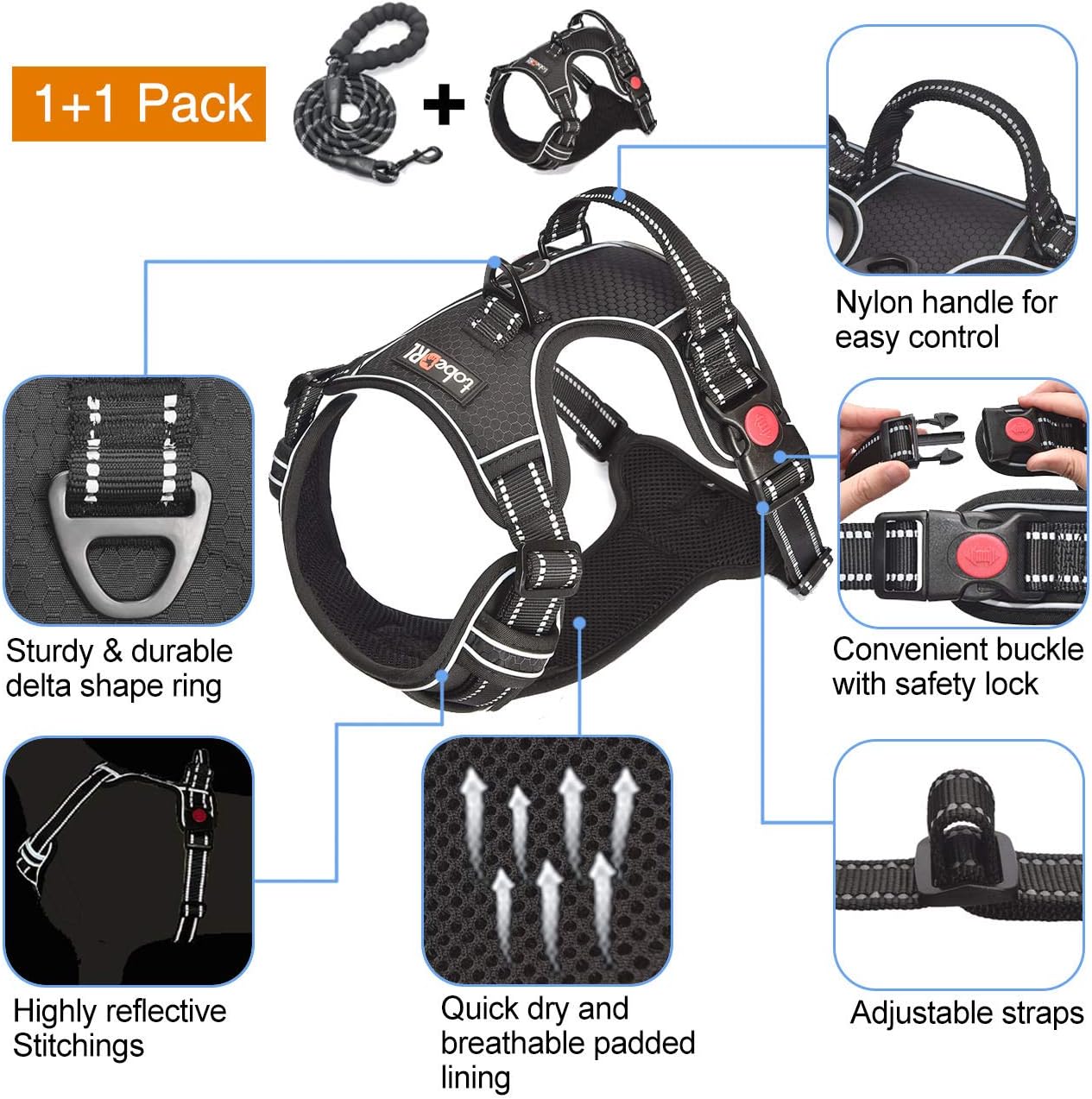 No Pull Dog Harness Adjustable Reflective Oxford Easy Control Medium Large Dog Harness with A Free Heavy Duty 5ft Dog Leash (M (Chest: 22"-26"), Black Harness+Leash)