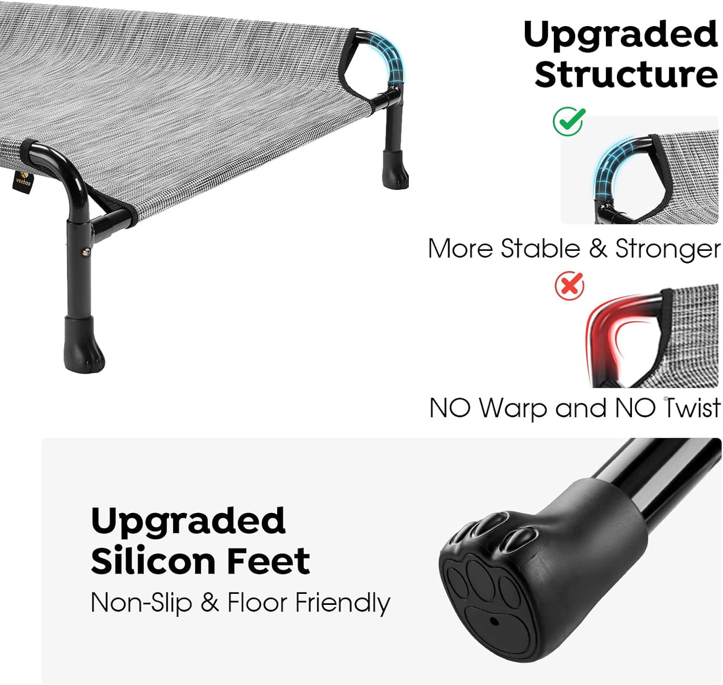 Veehoo Elevated Dog Bed, Cooling Raised Dog Bed with Guardrail & Headrest, Upgraded Non-Slip Silicon Feet, Breathable Teslin Mesh, Portable Pet Cot for Indoor and Outdoor, 35 x 22 Inches, Black Silver