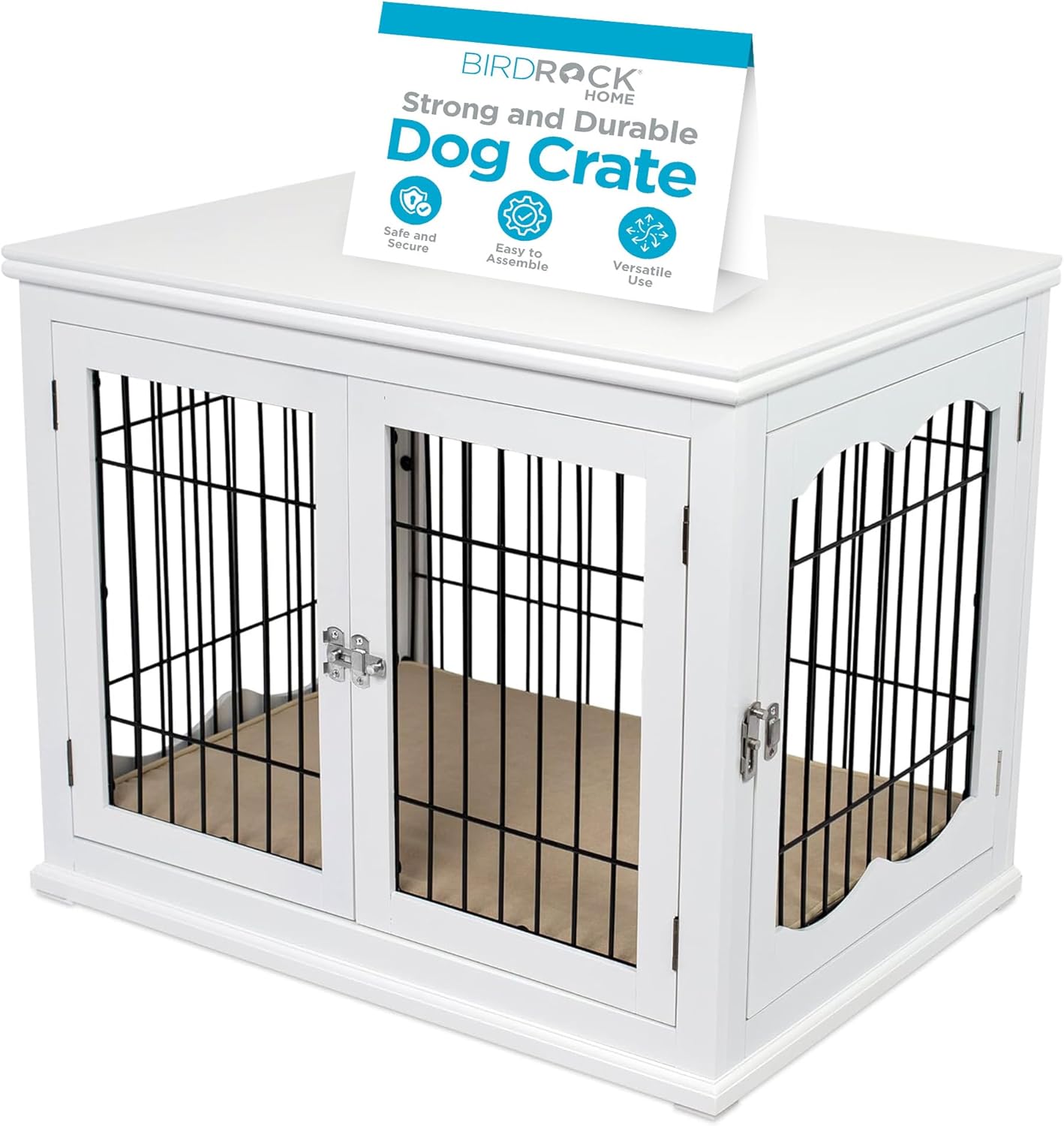 INTERNET'S BEST Decorative Dog Kennel with Pet Bed, Small Pet House, Double Door Indoor Crate, Engineered Wood & Wire Furniture, Side Table & Nightstand, Fits Small Dogs - White