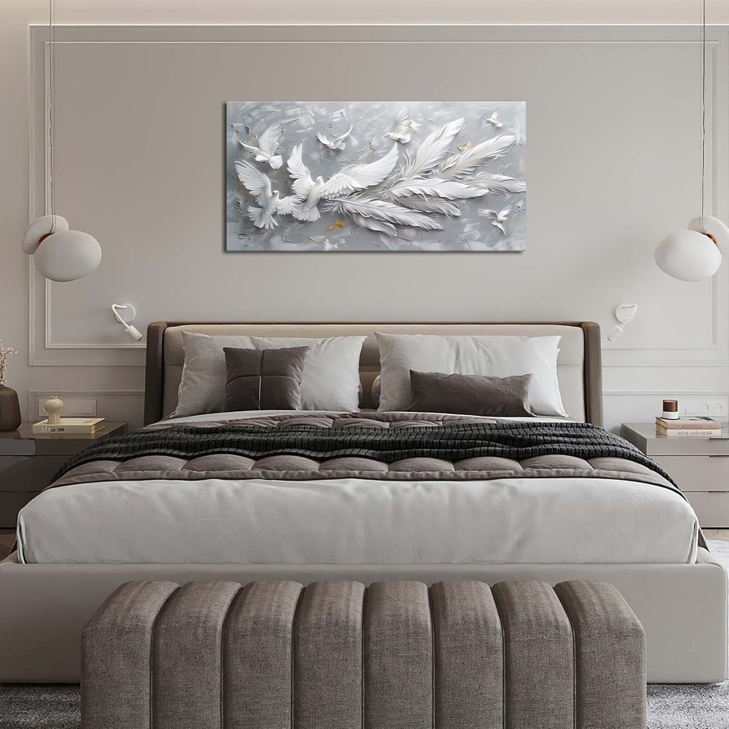 Quorin Feather Dove Bird Large Wall Art White and Gray Peaceful Birds Flying Pictures Holy Wings Wall Decor Canvas Print Painting Artwork for Bathroom Living Room Bedroom 30"x60"