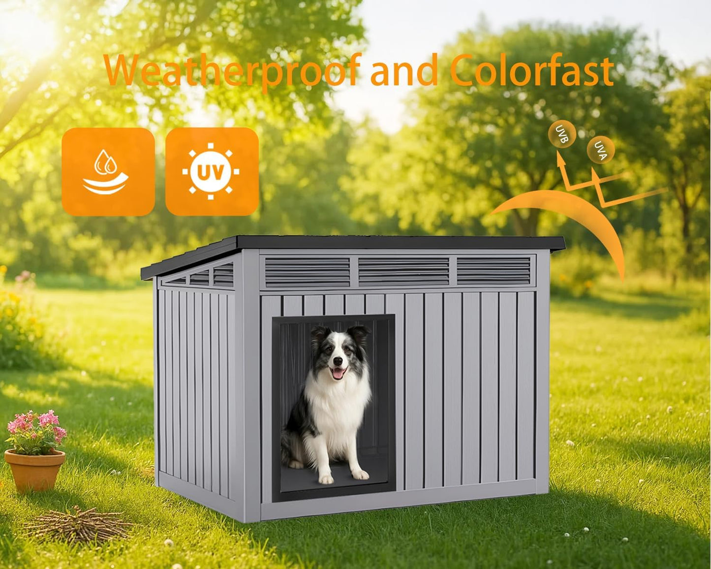 VIXZEN Dog House Indoor Outdoor,Waterproof Dog House for Small to Medium Dogs,Doghouse with Air Vents and Elevated Floor,Openable at The Top,Easy to Assemble and Clean,Gray,32.2"×25.12"×24.13"