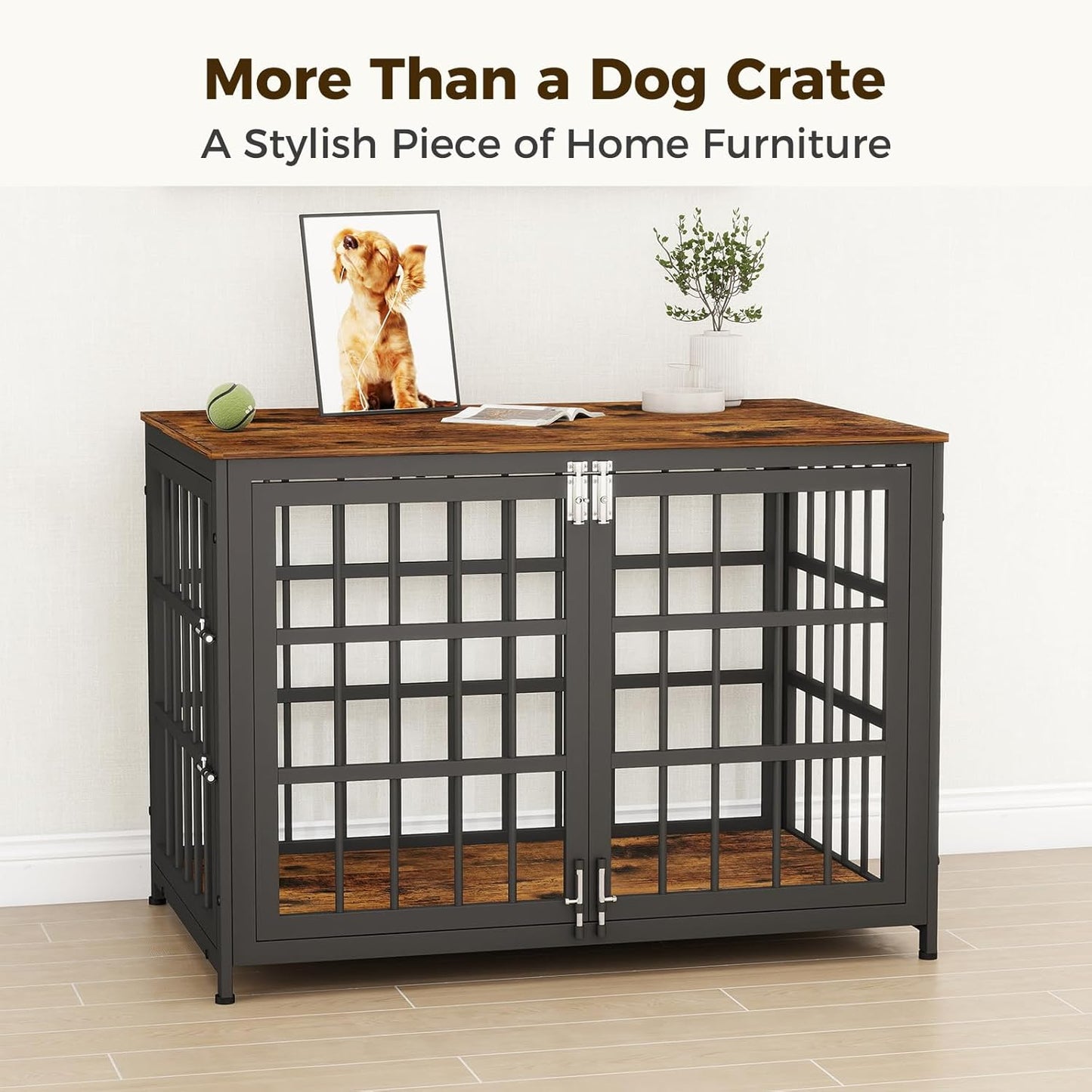 38 Inch Heavy Duty Wooden Dog Kennel End Table with Double Door Design and Secure Locks, Indoor Pet Crate Furniture for Medium Dogs, Decorative Home Cage Design,Aged Black