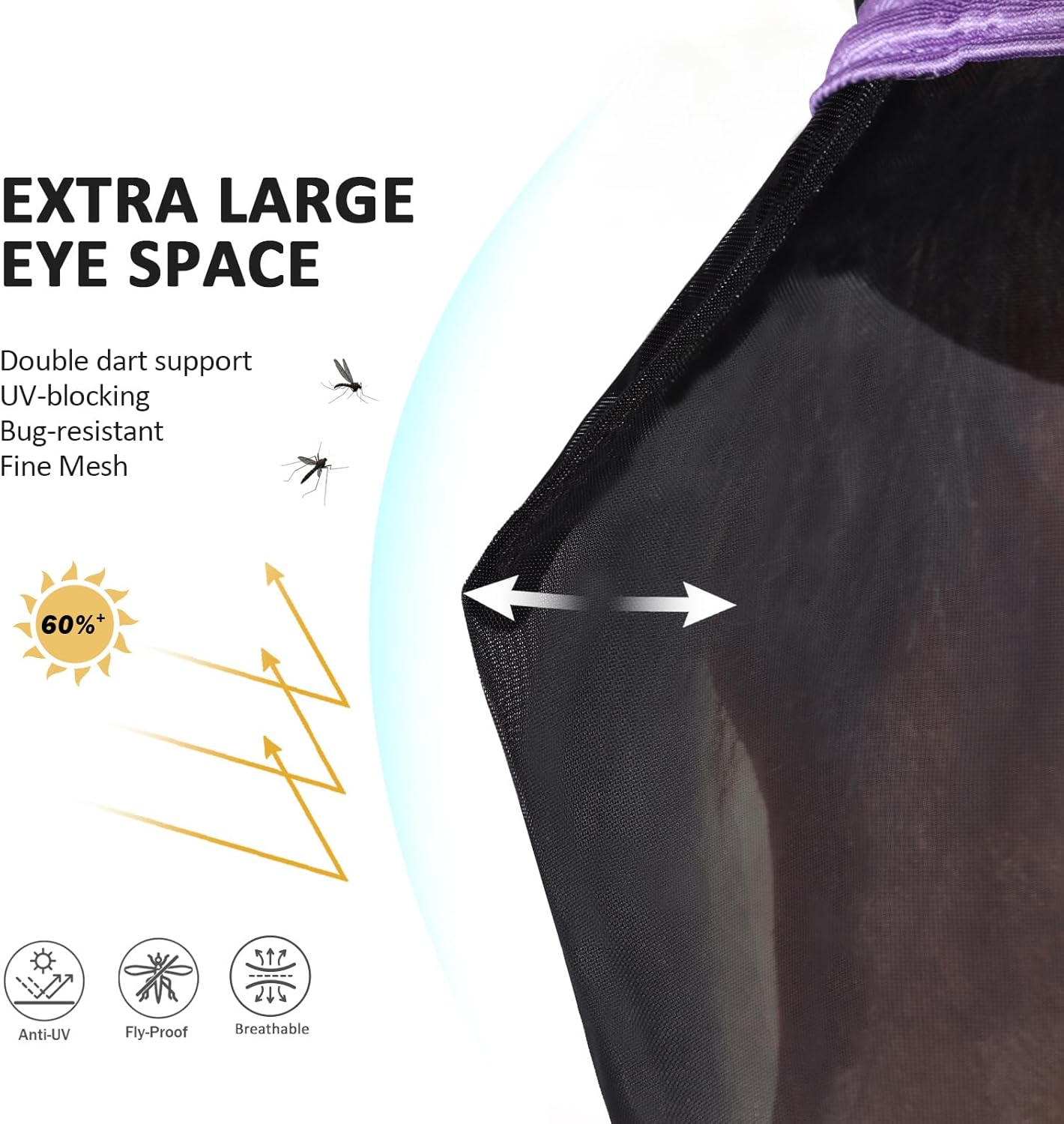 Harrison Howard Pro Luminous Horse Half Face Fly Mask Large Eye Space with Ears UV Protection for Horse Gentle Lavendar M