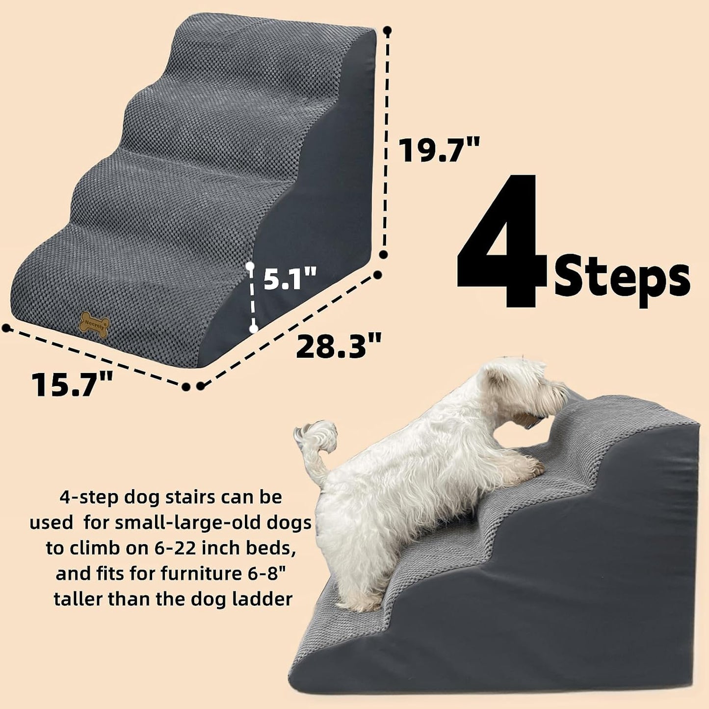 4-Step Dog Stairs for High Beds 18-24 Inch Pet Steps 2 3 4 5 Tier Ladder Non-Slip Sturdy Ramp Small Medium Large Dog Steps to Couch Bed Old Dogs Balanced Pet Stairs for Getting on Bed