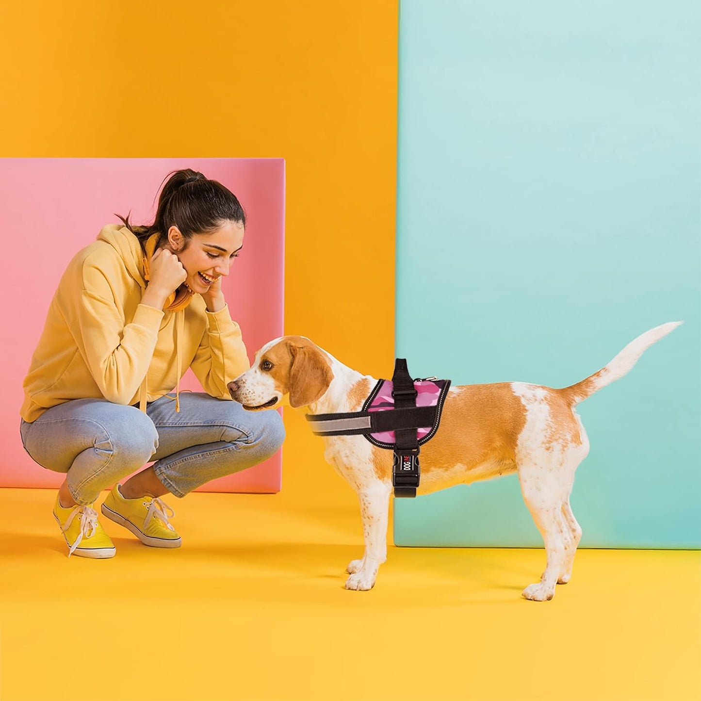 Dogline Dog Harness, Reflective No-Pull Adjustable Vest with Handle for Walking, Training, Breathable, No - Choke Harness for Small, Medium or Large Dogs Room for Patches Girth 15 to 18 in Pink Camo