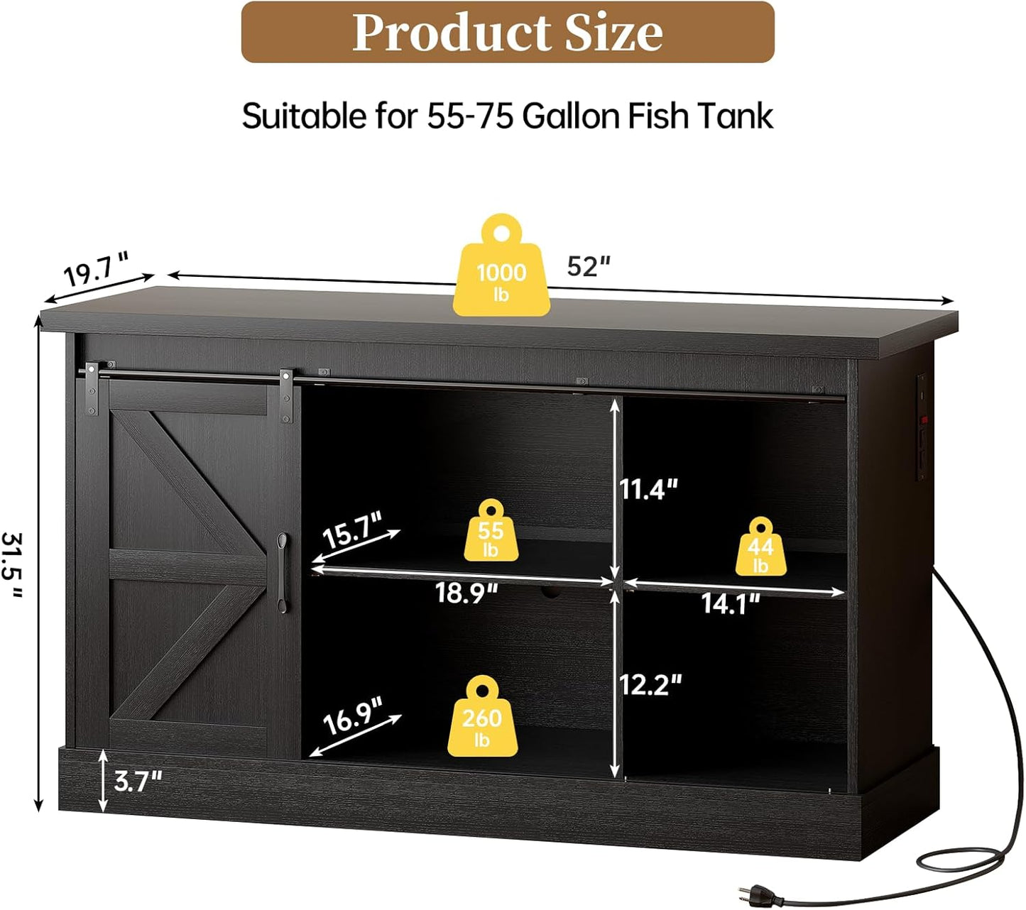 55-75 Gallon Fish Tank Stand with Sliding Barn Doors & Power Outlet, Heavy Duty Aquarium Stand with Cabinet Storage for Fish Tank, Turtle Tank, Reptile Terrarium, 1000LBS Capacity, Black