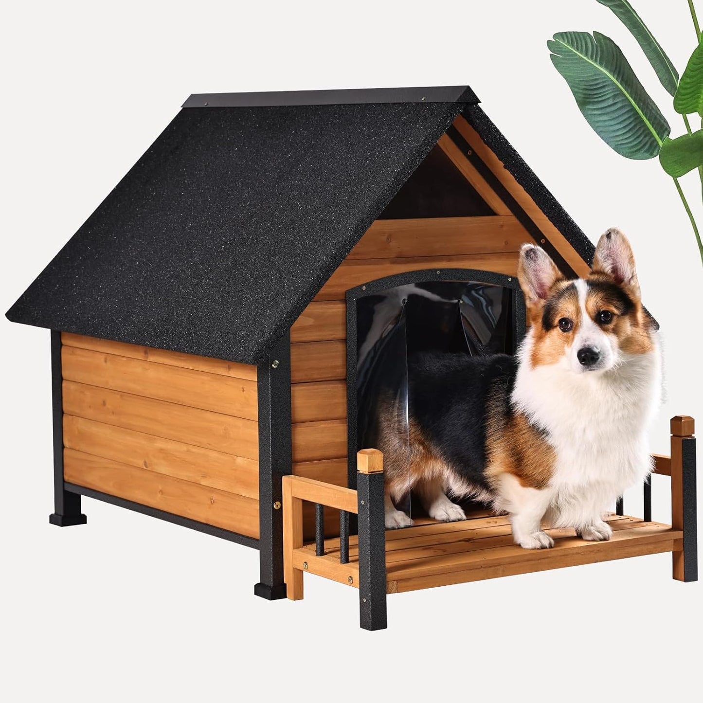 Large Dog House Outdoor Indoor All-Around Iron Frame Design Dog House with Porch＆Raised Feet for Small Medium Large Dogs（Brown）