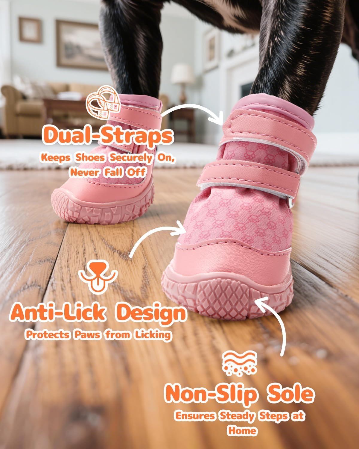 Dog Shoes for Small Dogs, Double Binding Straps Puppy Boots & Paw Protectors for Summer Hot Pavement, Winter Snow, Dog Booties with Anti-Slip Rubber Soles for Beach Hardwood Floor Pink Size 1