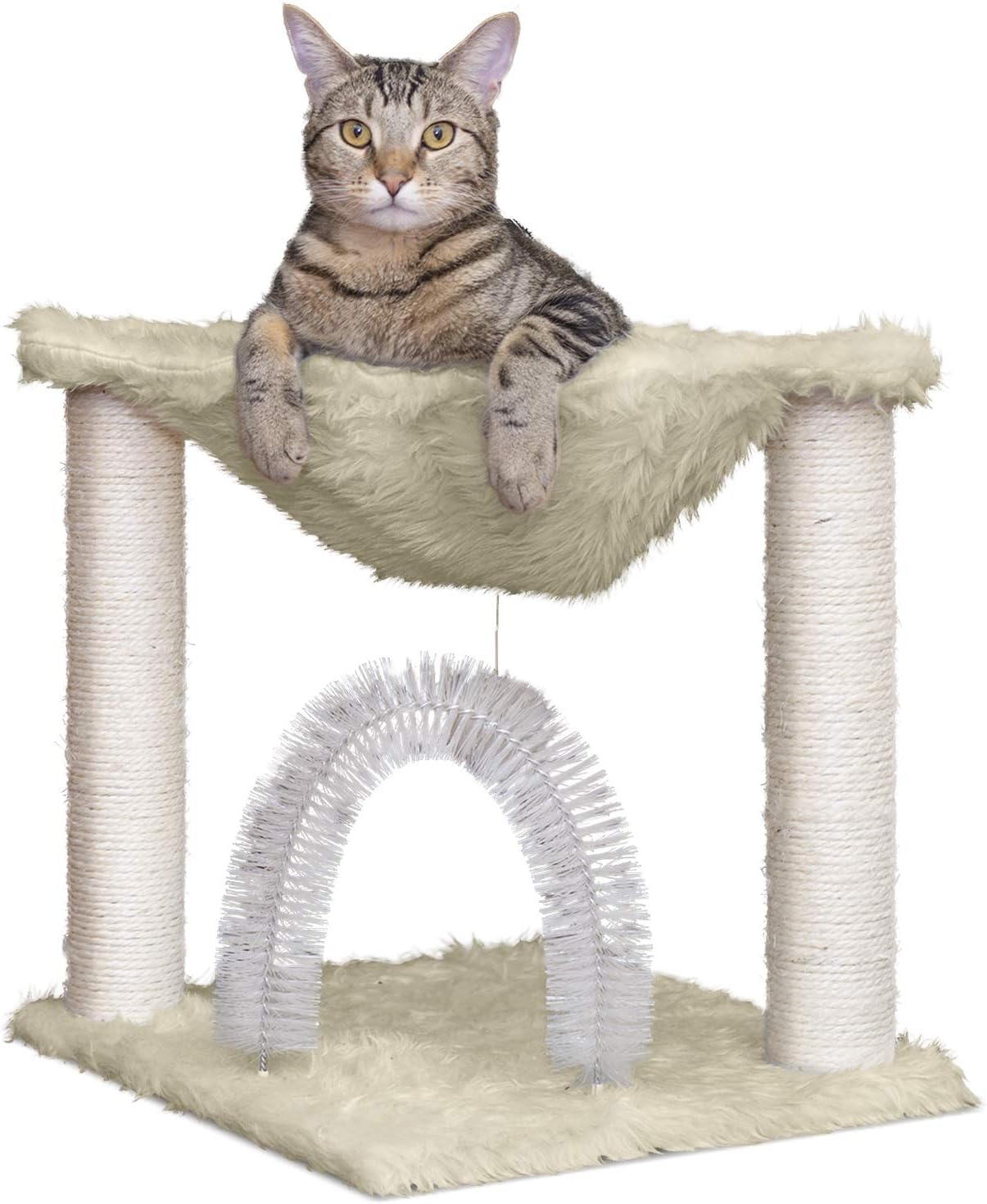 Furhaven 15.75" Tall Playground for Indoor Cats, Ft. Sisal Scratching Posts, Self-Grooming Brush, & Toy - Tiger Tough Hammock Interactive Playground - Cream, One Size