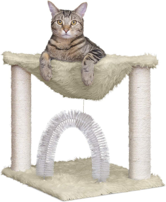 Furhaven 15.75" Tall Playground for Indoor Cats, Ft. Sisal Scratching Posts, Self-Grooming Brush, & Toy - Tiger Tough Hammock Interactive Playground - Cream, One Size