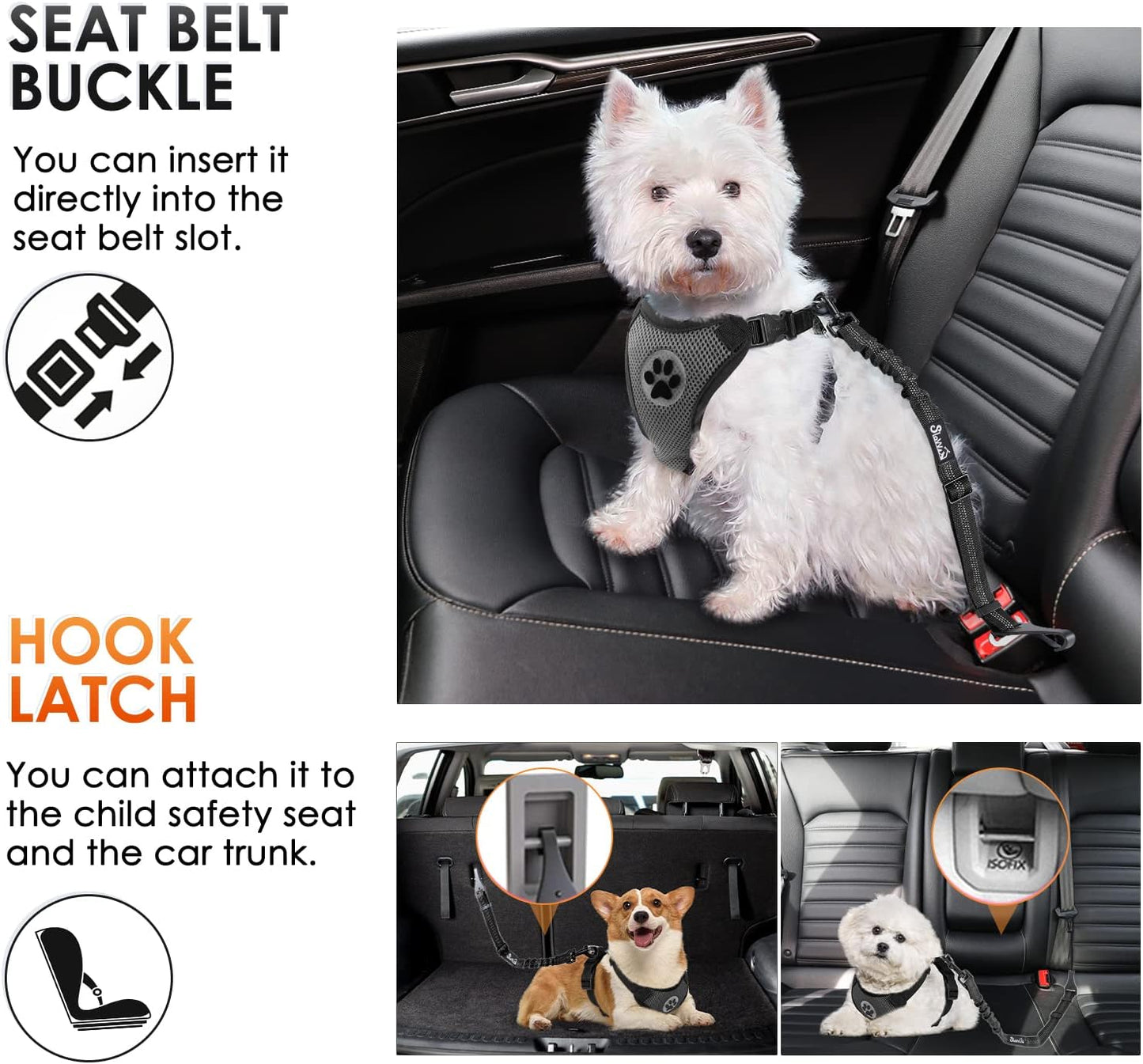SlowTon Dog Seat Belt, Adjustable Dog Safety Belt Leash, 2 in 1 Latch Bar Attachment Dog Car Seatbelt with Elastic Nylon Bungee Buffer, Reflective Nylon Belt Tether Connect to Dog Harness (2Black)