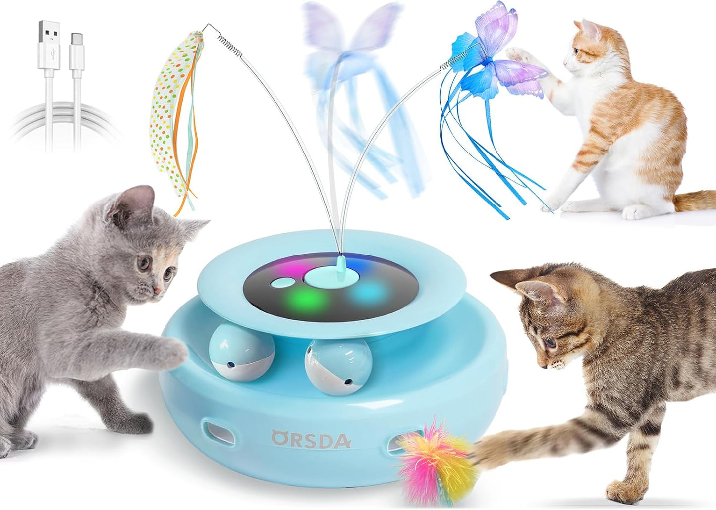 ORSDA Cat Toy, 3-in-1 Automatic Interactive Electronic Moving Ambush Feather, Fluttering Butterfly, Track Balls, USB Rechargeable Powered Smart Indoor Exercise Kicker