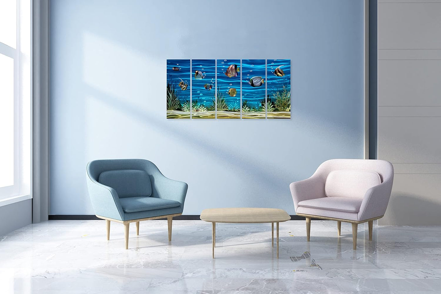 SYGALLERIER School Of Fish Metal Wall Art Handcrafted 3D Coastal Aluminum Artwork Modern Abstract Sea Styles Wall Accent in Blue Green Silver Color for Living Room Bedroom Bathroom Decor