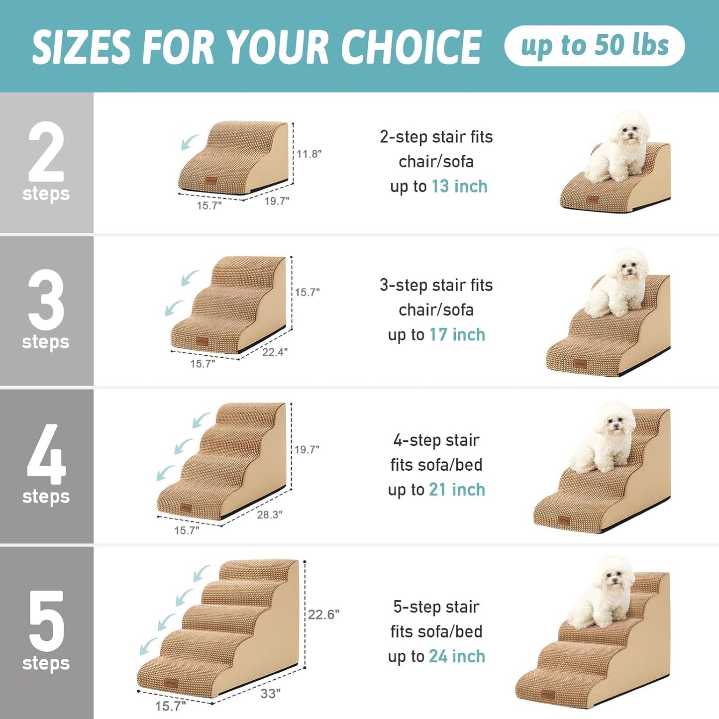 Dog Stairs for Small Dogs 19.7" H, Curved Dog Step for Puppy, Older or Cat, Medium Pet Ramp for Sofa, Couch or Bed, Ladder with High Density Foam, 15.7x28.3x19.7 inch, 4 Step, Light Brown