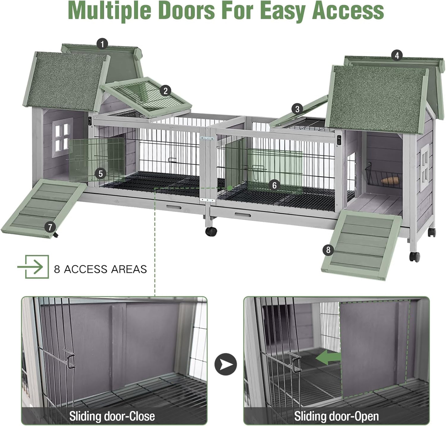 Wooden Rabbit Hutch with Wheels, Indoor Outdoor Bunny Cage with Removable Netting, Guinea Pig House with Leak-Proof Trays