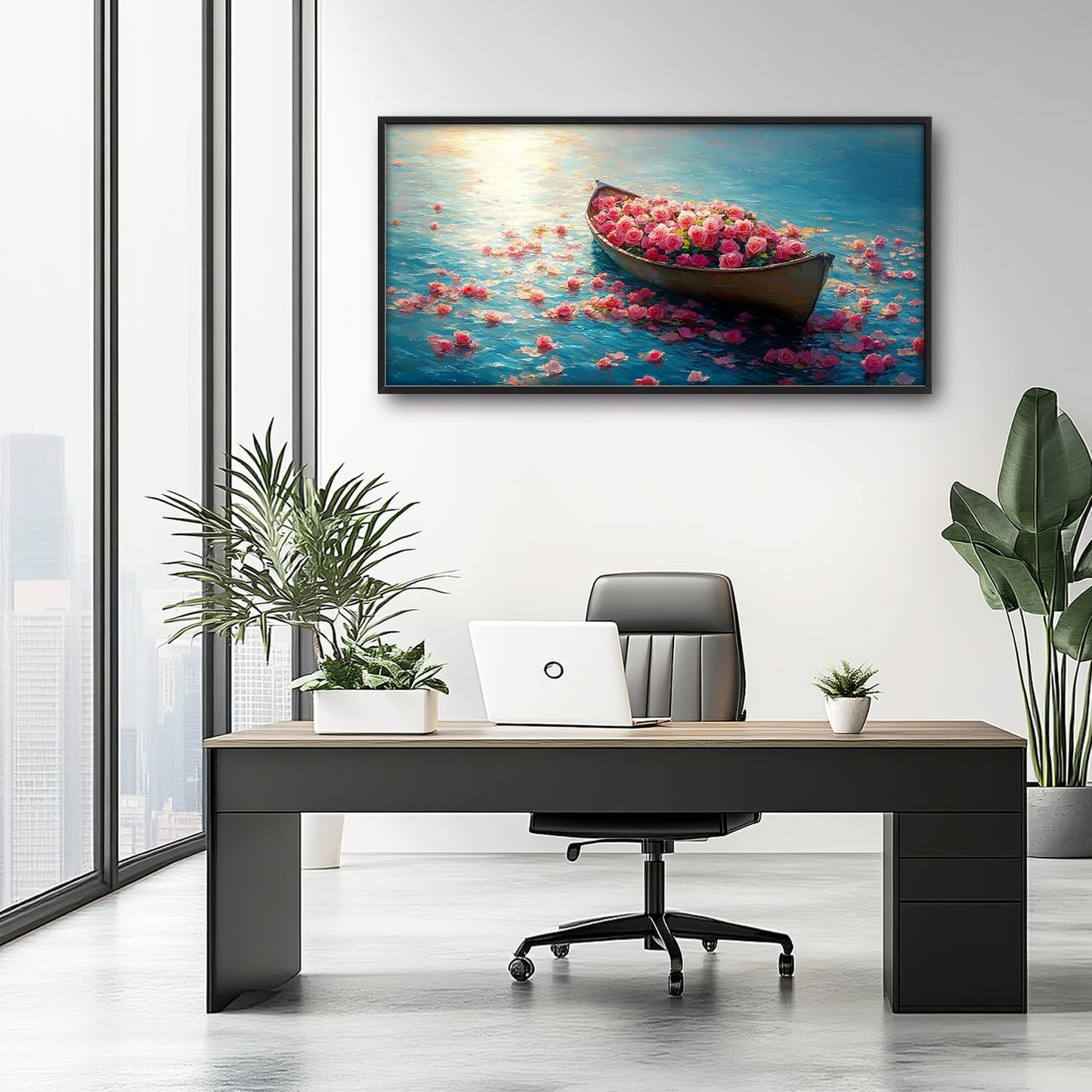 Large Lake Floral Landscape Wall Art for Living Room, Nature Boat Flower Canvas Oversized Wall Decor, Rose Scenery Framed Pictures Painting Print Artwork for Bedroom Office 60L" x 30W"