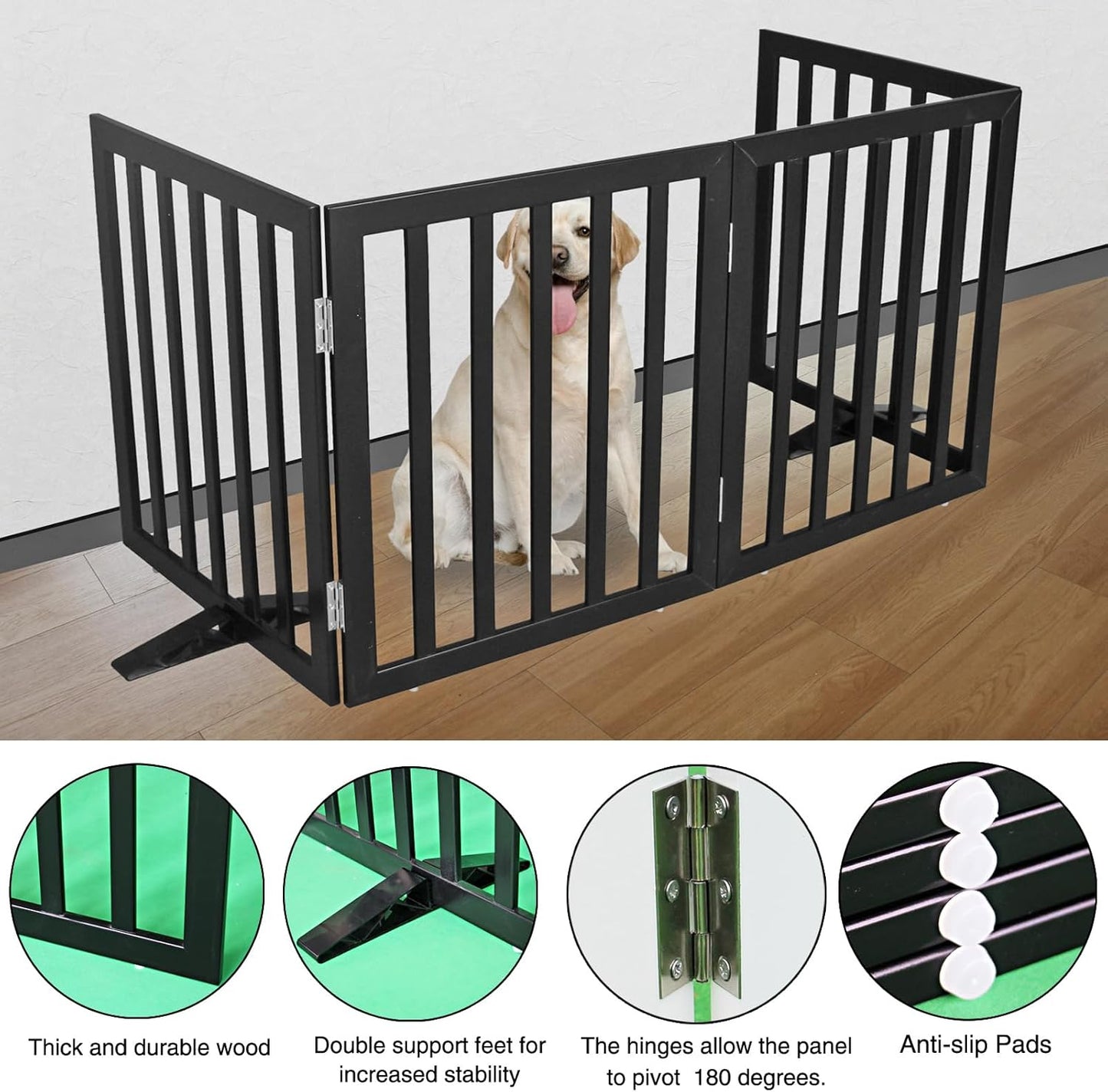 ZJSF Freestanding Indoor Dog Gate for House Foldable Wood Puppy Gate for Doorways Pet Gate for Stairs Extra Wide Pet Fence, Black, 24" Height 4 Panels