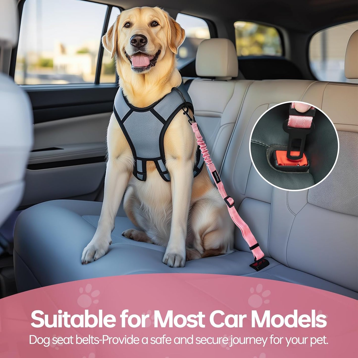 Thickened Dog Seat Belt for Car, 3 Pack Set Retractable Dog Car Adjustable Seatbelts for Vehicle Nylon Pet Safety Heavy Duty & Elastic & Durable Car Harness for Dogs, Light Pink