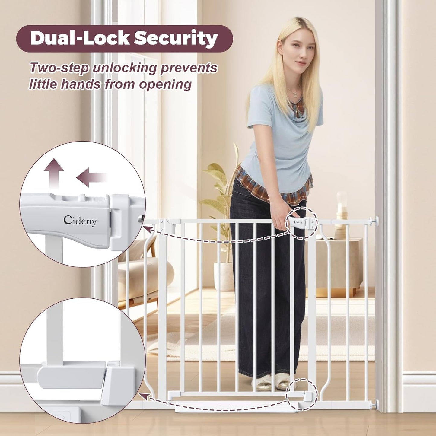 29"-40" Baby Gate for Stairs, Auto Close Stroller Friendly Dog Gate Indoor for Doorways, Pressure Mounted Baby Gate, Easy Walk Through Gate for Children & Pets, White