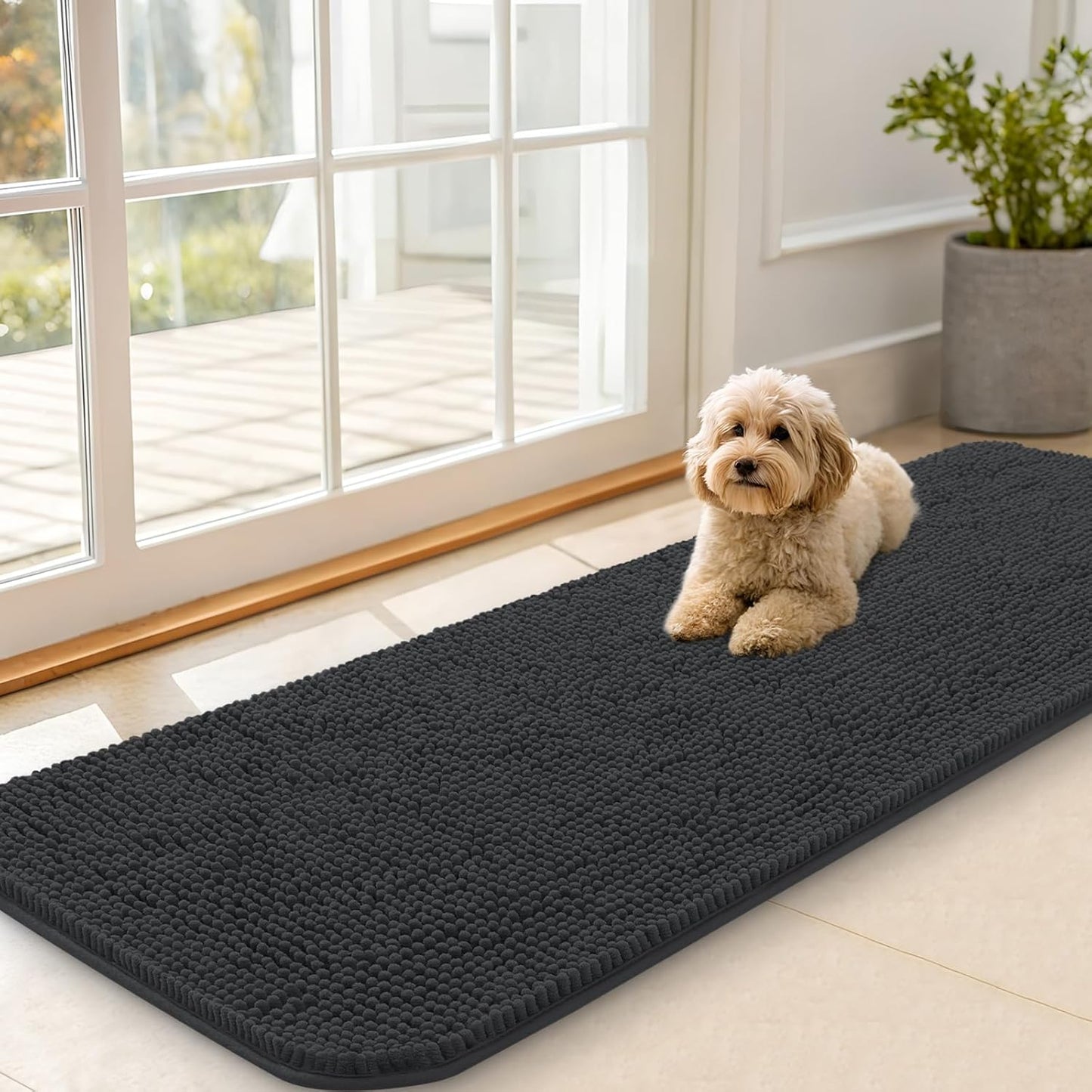 OLANLY Dog Door Mat for Muddy Paws 59x20, Absorbs Moisture and Dirt, Absorbent Non-Slip Washable Doormat, Quick Dry Chenille Mud Mat for Dogs, Entry Indoor Entryway Carpet for Inside Floor, Dark Grey