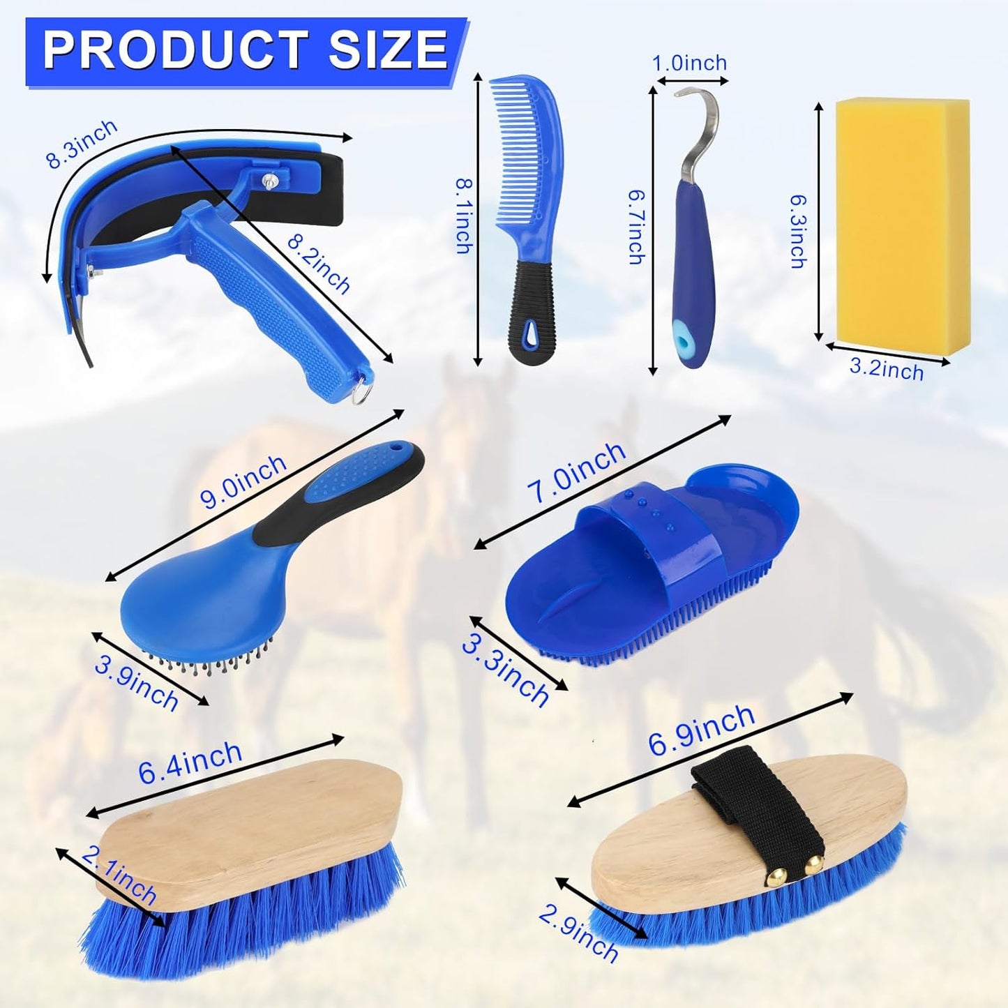 9 Pieces Grooming Kit with Tote Bag - Horse Brush Set, Sweat Scraper, Sponge, Hoof Pick, Curry Comb for Riders and Beginners (Blue)