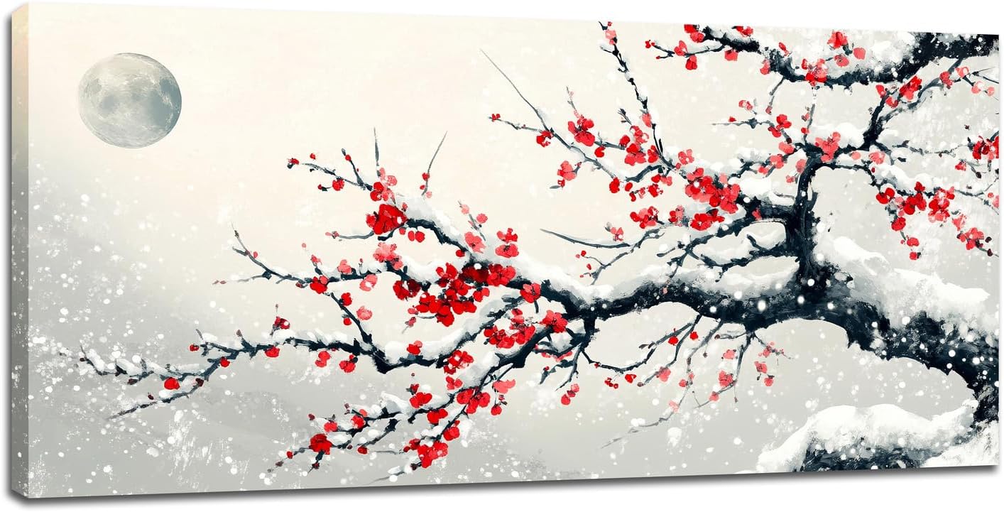 Large Flower Blossom Wall Art Snow Winter Canvas Living Room Chinese Floral Pictures Framed Prints Oversize Japanese Wall Decor Painting Artwork for Bedroom Dining 60"x30"