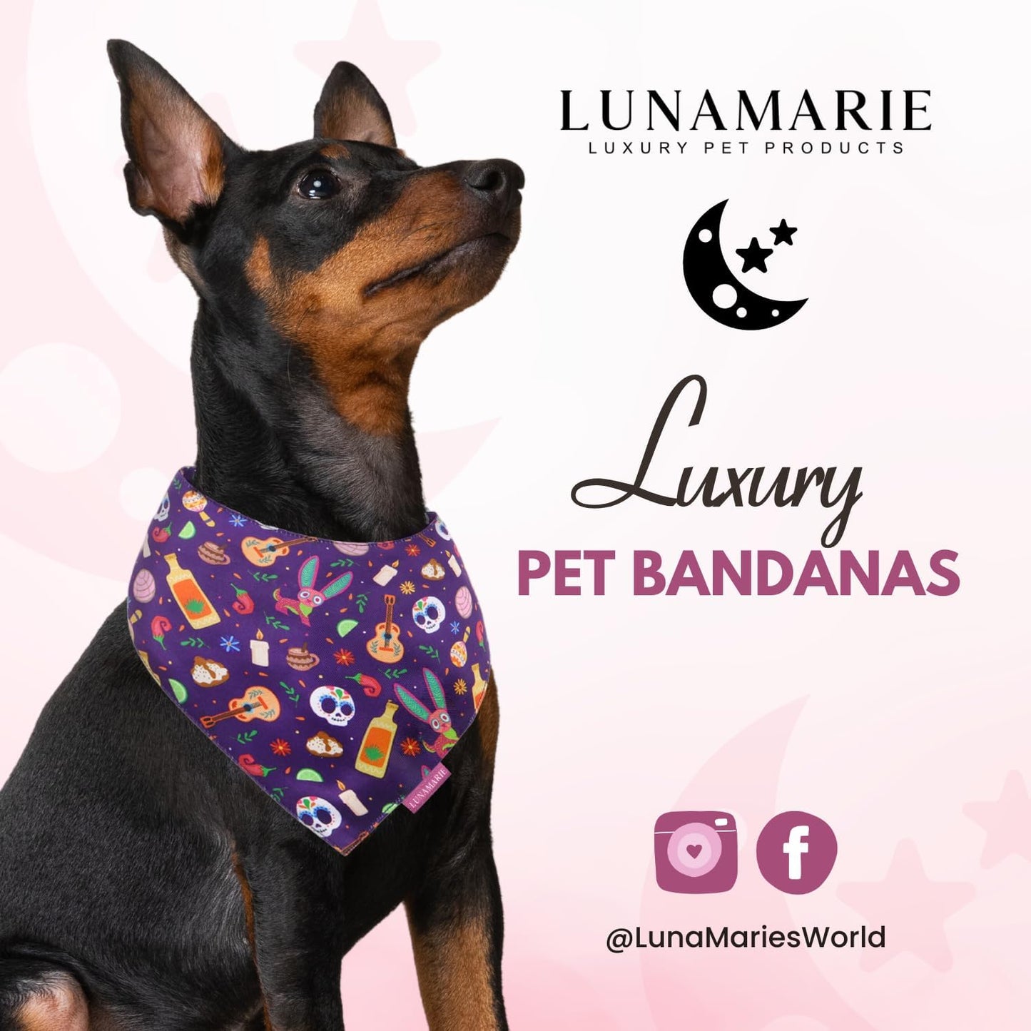 LunaMarie - Luxury Dog Bandanas - Dia De Los Muertos Design | Premium & Silky Poly Fabric | 100% Handmade | Custom Shape Dual Layered Reversible Small, Medium, Large Cat Scarf (Day Of The Dead, Small)