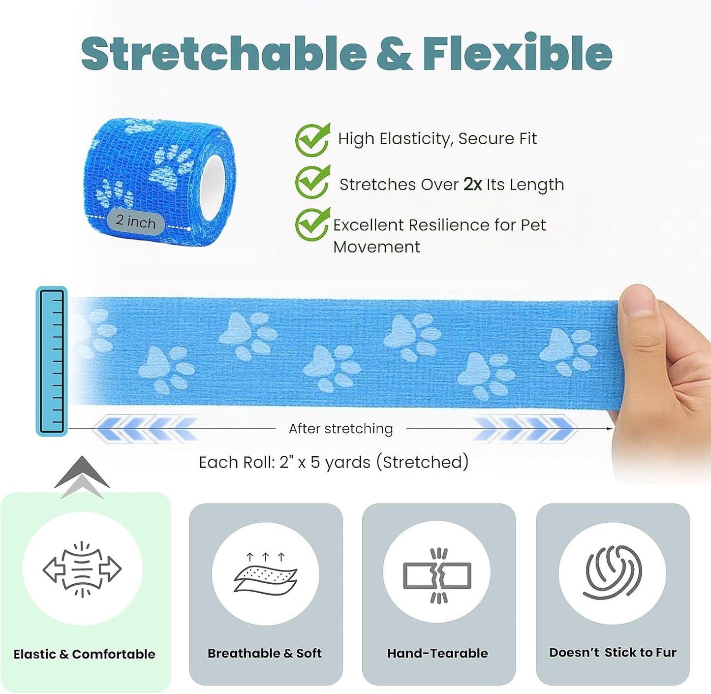 Pet Bandage 6 Rolls, Adhesive Bandage, Self Adhesive Bandage, First Aid Adhesive Gauze, for Horses, Dogs,Cats, Birds, Animals (Paw Prints, 2 Inch (Pack of 6))