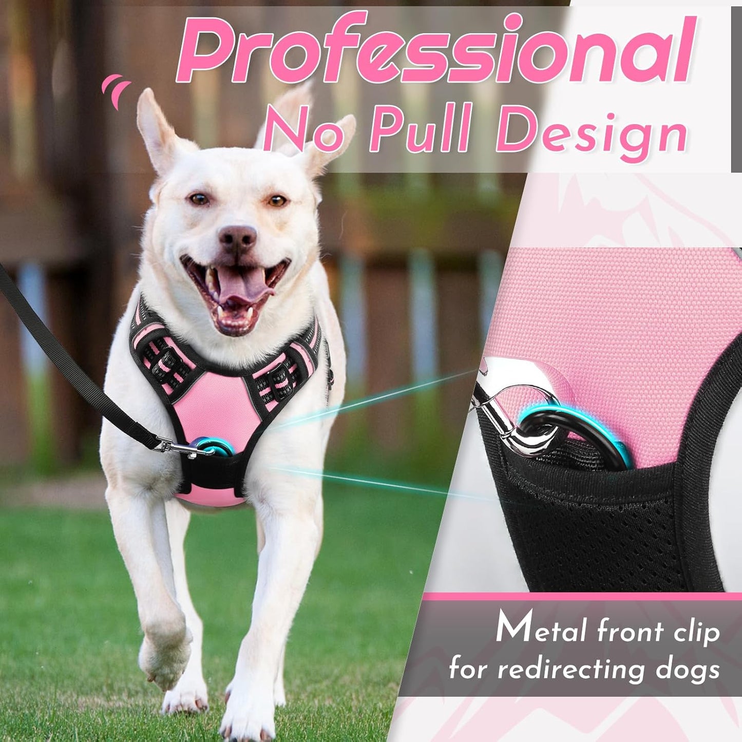 Eagloo Dog Harness Large Breed, No Pull Service Vest with Reflective Strips and Control Handle, Adjustable and Comfortable for Easy Walking, No Choke Pet Harness with 2 Metal Rings, Pink, XL